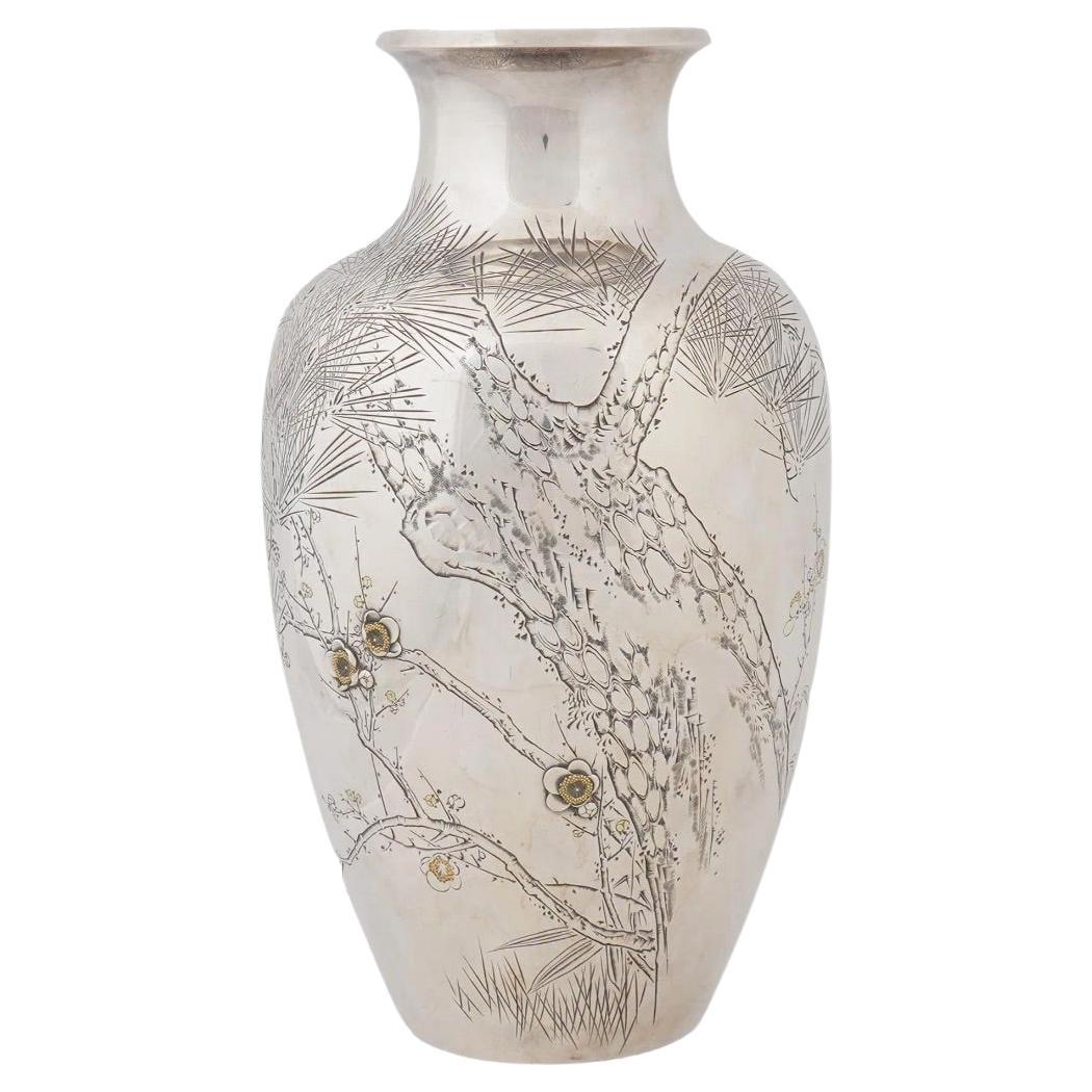 Antique Magnificent Meiji Japanese Silver And Gold Cherry Blossom Vase - Signed