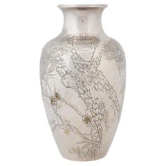 Antique Magnificent Meiji Japanese Silver And Gold Cherry Blossom Vase - Signed