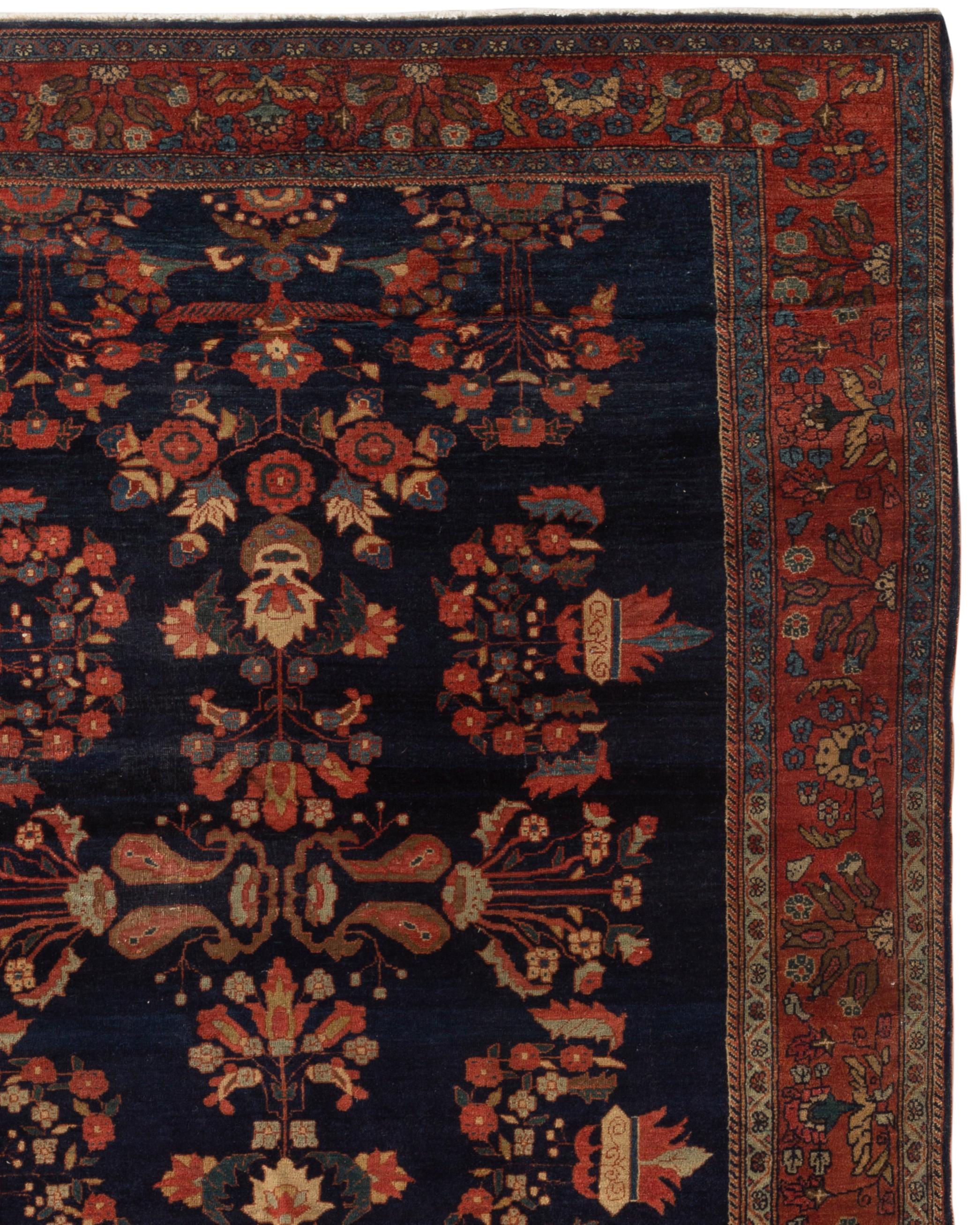 Antique Mahajiran Sarouk rug, circa 1900. Sarouk rugs come from west central Persia and the term Mahajiran signifies that the rug is especially fine both in the quality of the wool used and the weaving. Size: 4'2 x 6'6.
