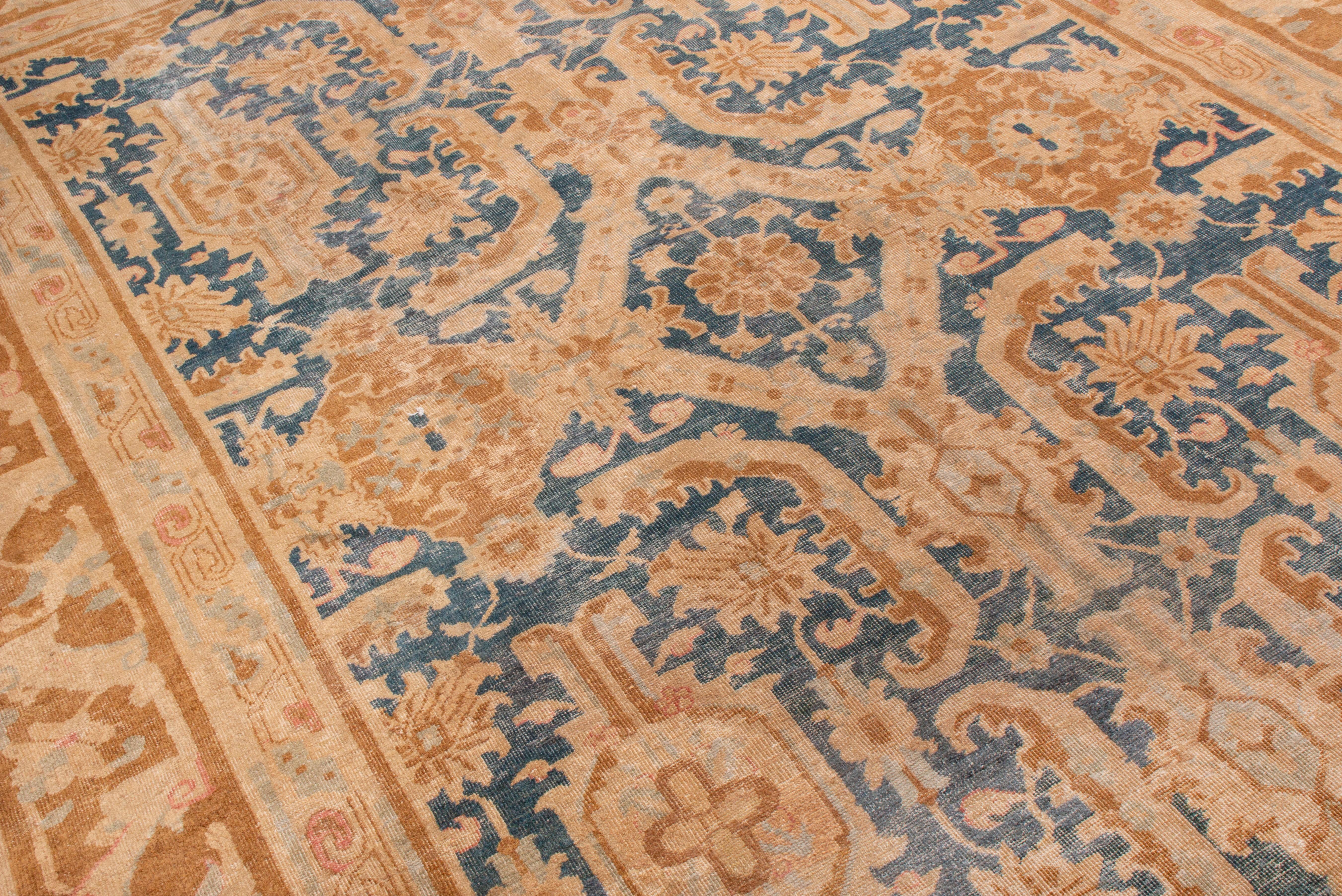 Hand-Knotted Antique Mahal Blue and Tan Indian Wool Rug with All-Over Floral Patterns
