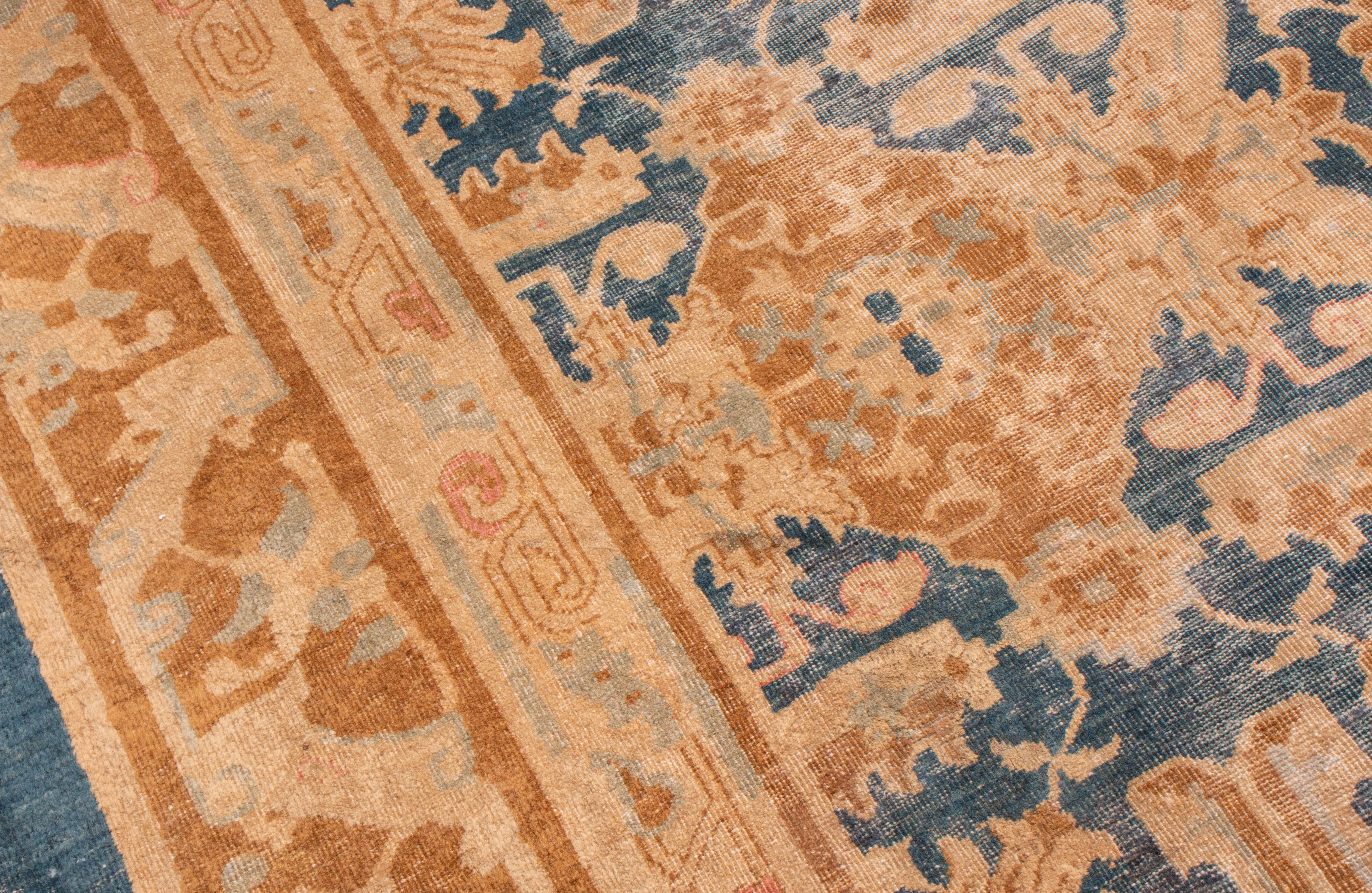 Antique Mahal Blue and Tan Indian Wool Rug with All-Over Floral Patterns In Good Condition In Long Island City, NY