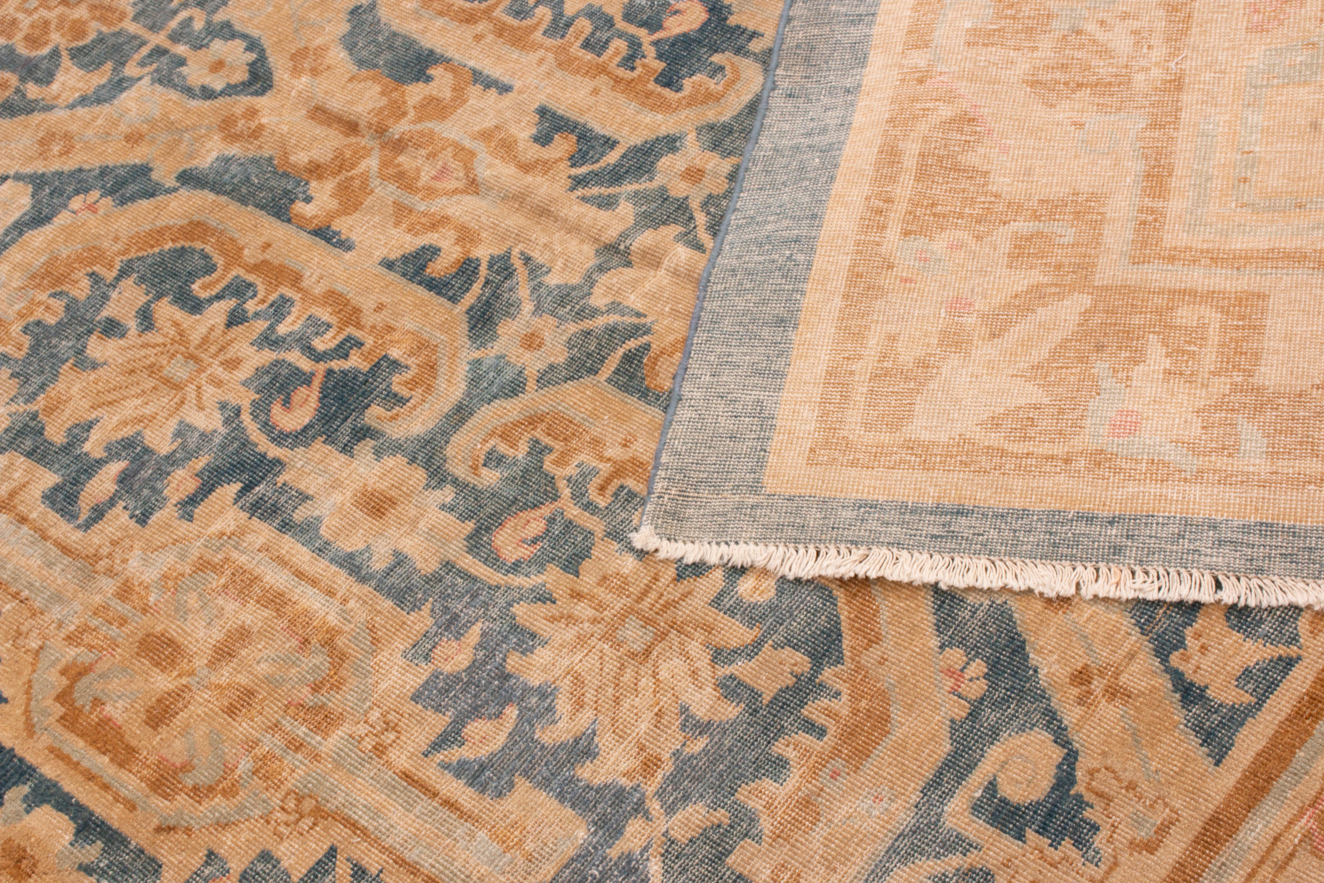 Early 20th Century Antique Mahal Blue and Tan Indian Wool Rug with All-Over Floral Patterns