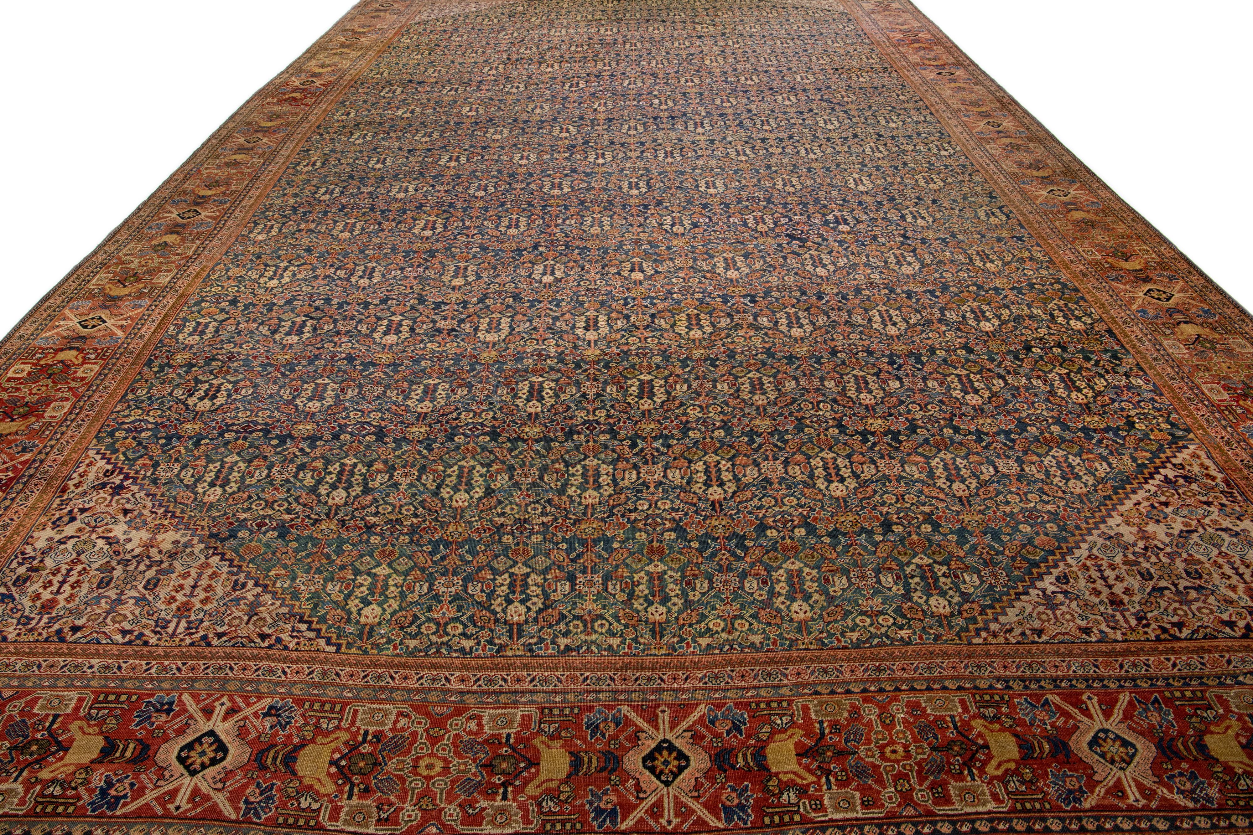 Islamic Antique Mahal Blue Handmade Oversize Wool Rug with Allover Motif For Sale