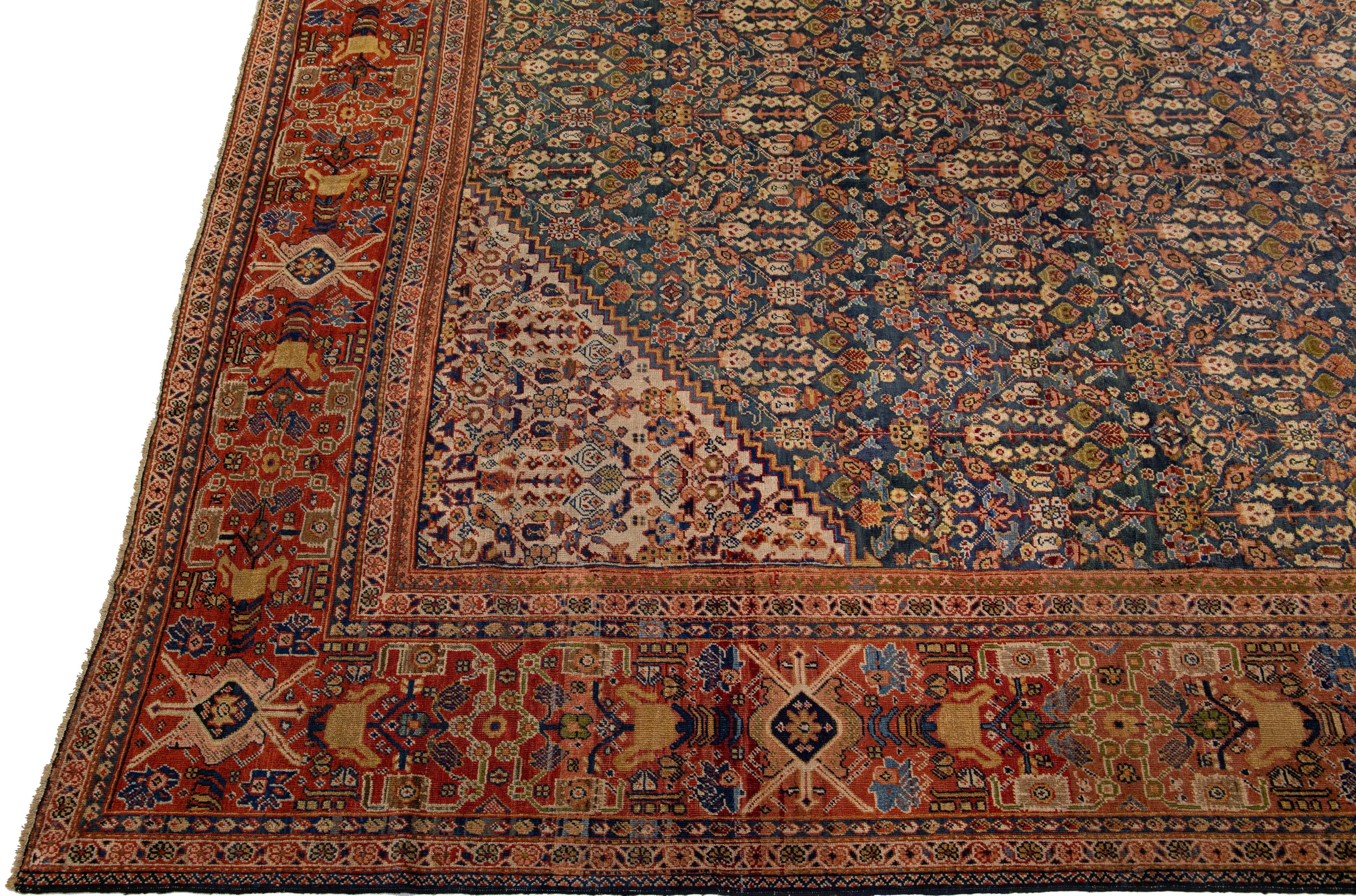 Persian Antique Mahal Blue Handmade Oversize Wool Rug with Allover Motif For Sale