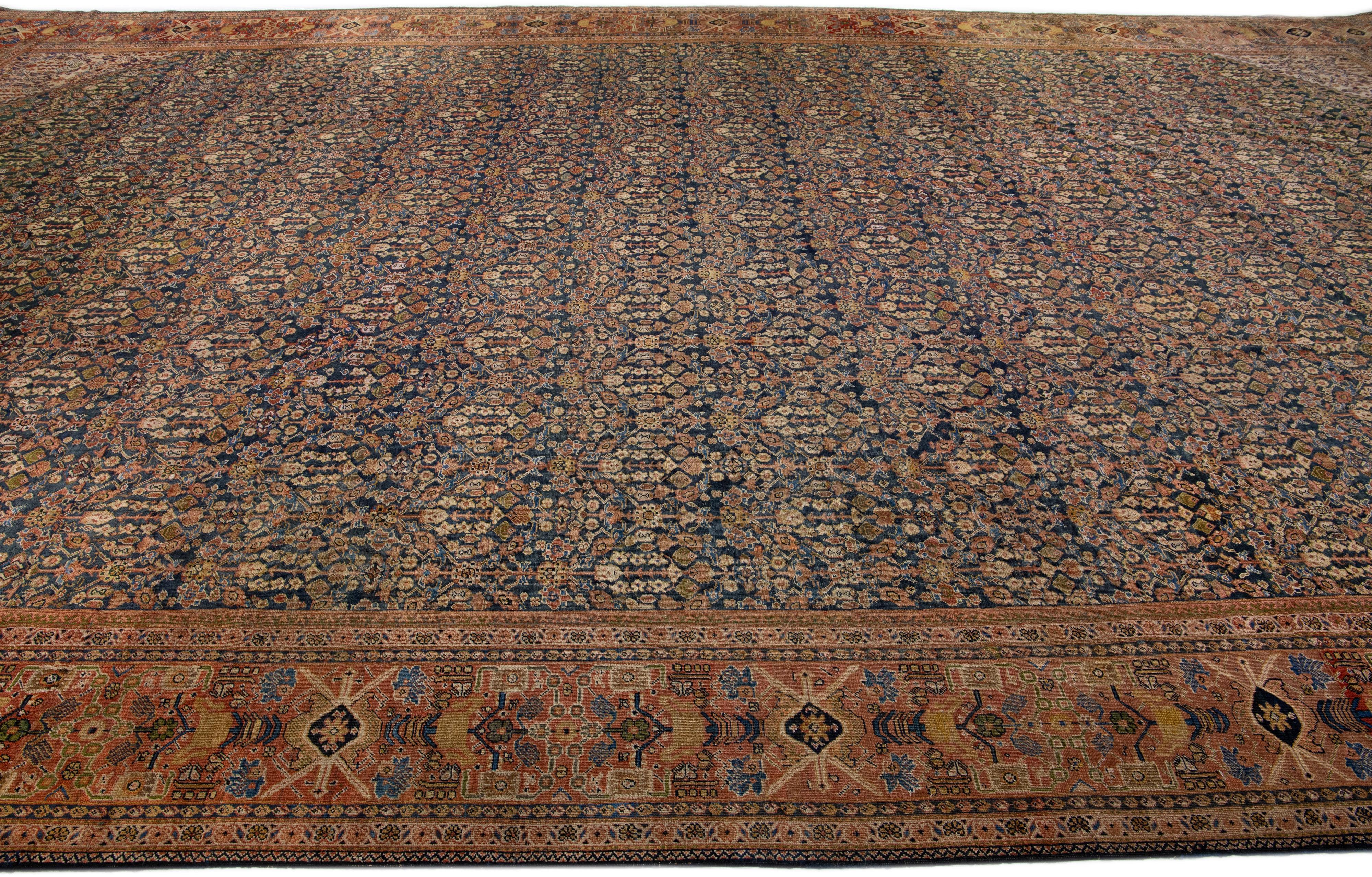 Hand-Knotted Antique Mahal Blue Handmade Oversize Wool Rug with Allover Motif For Sale
