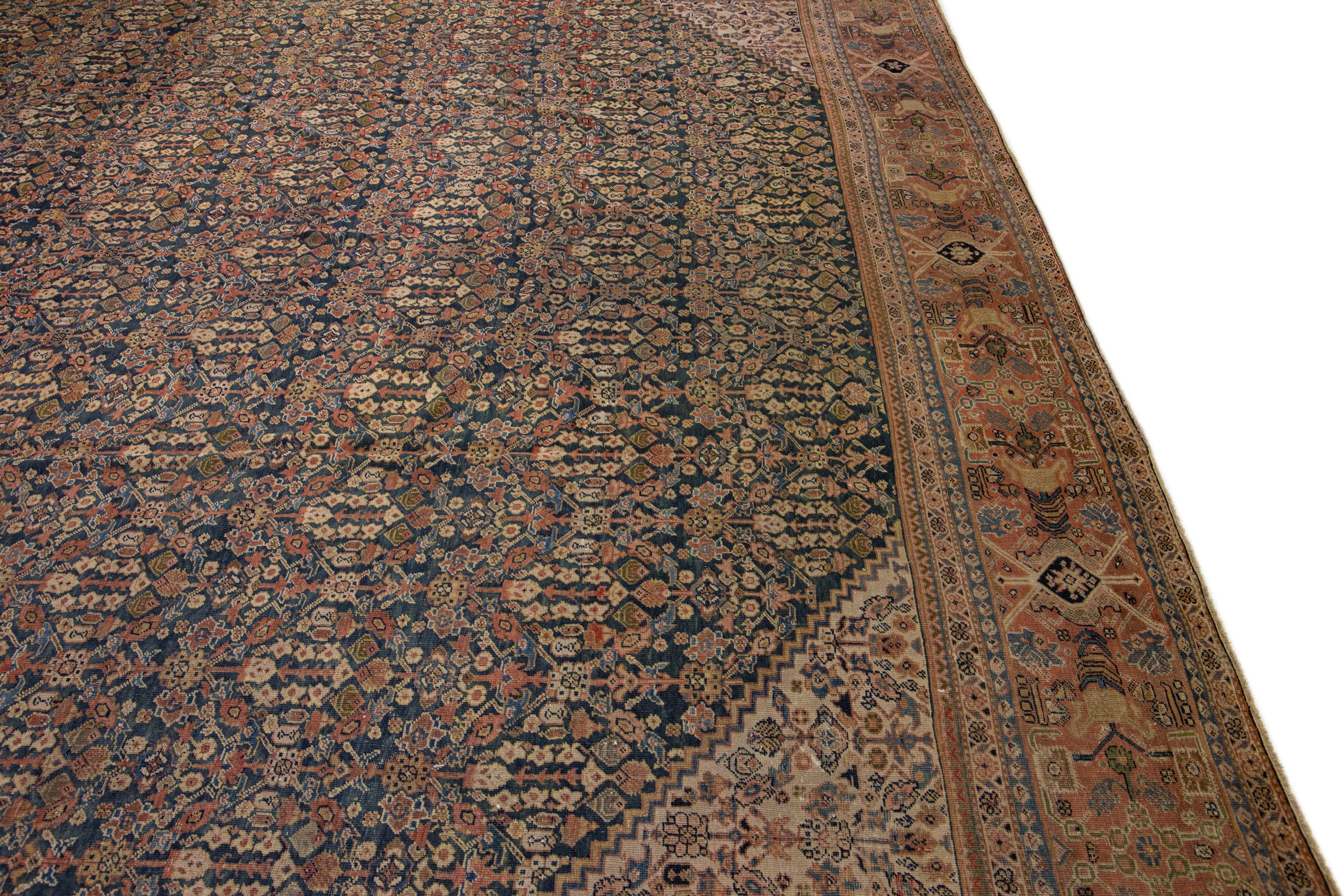 Antique Mahal Blue Handmade Oversize Wool Rug with Allover Motif In Good Condition For Sale In Norwalk, CT