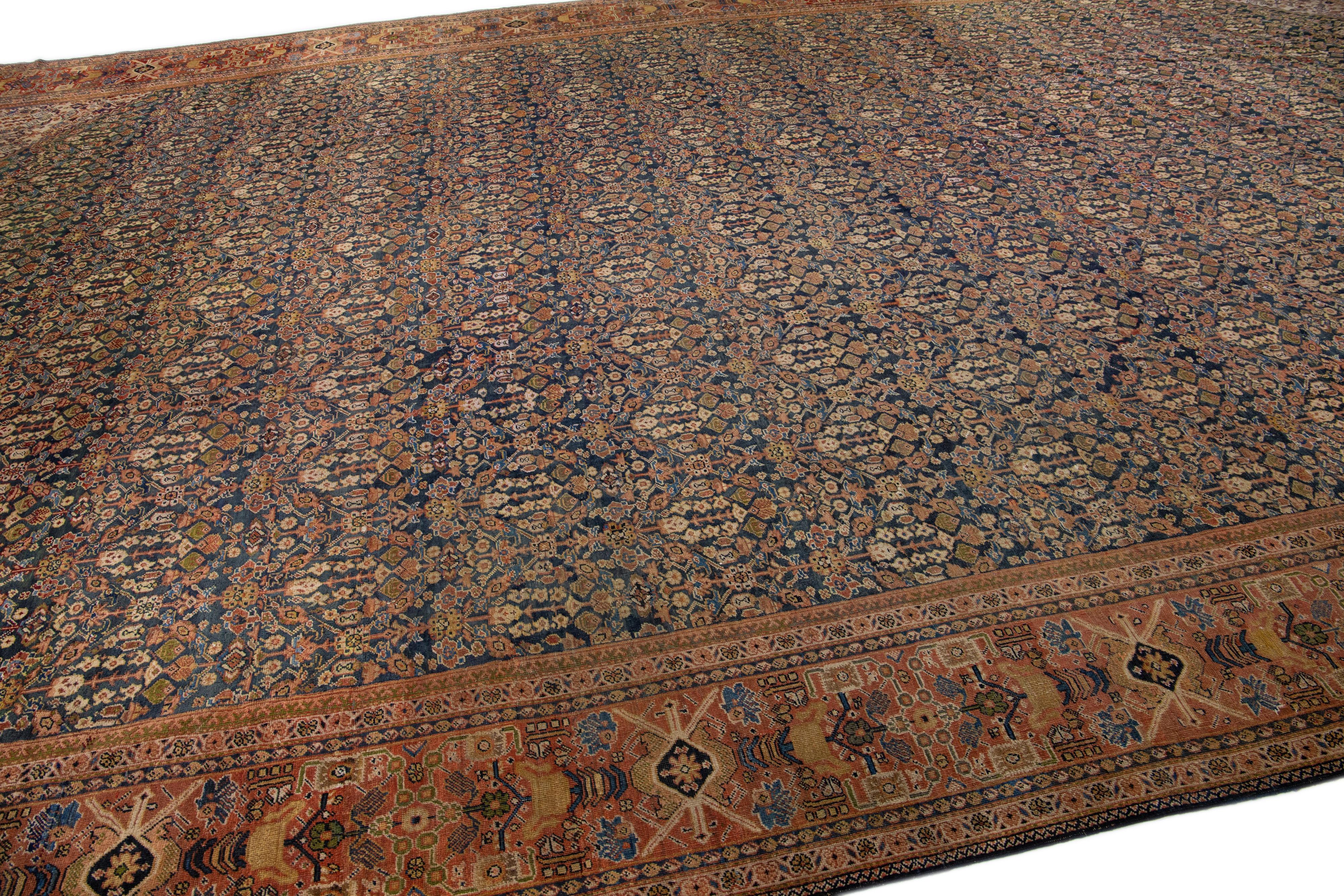 20th Century Antique Mahal Blue Handmade Oversize Wool Rug with Allover Motif For Sale