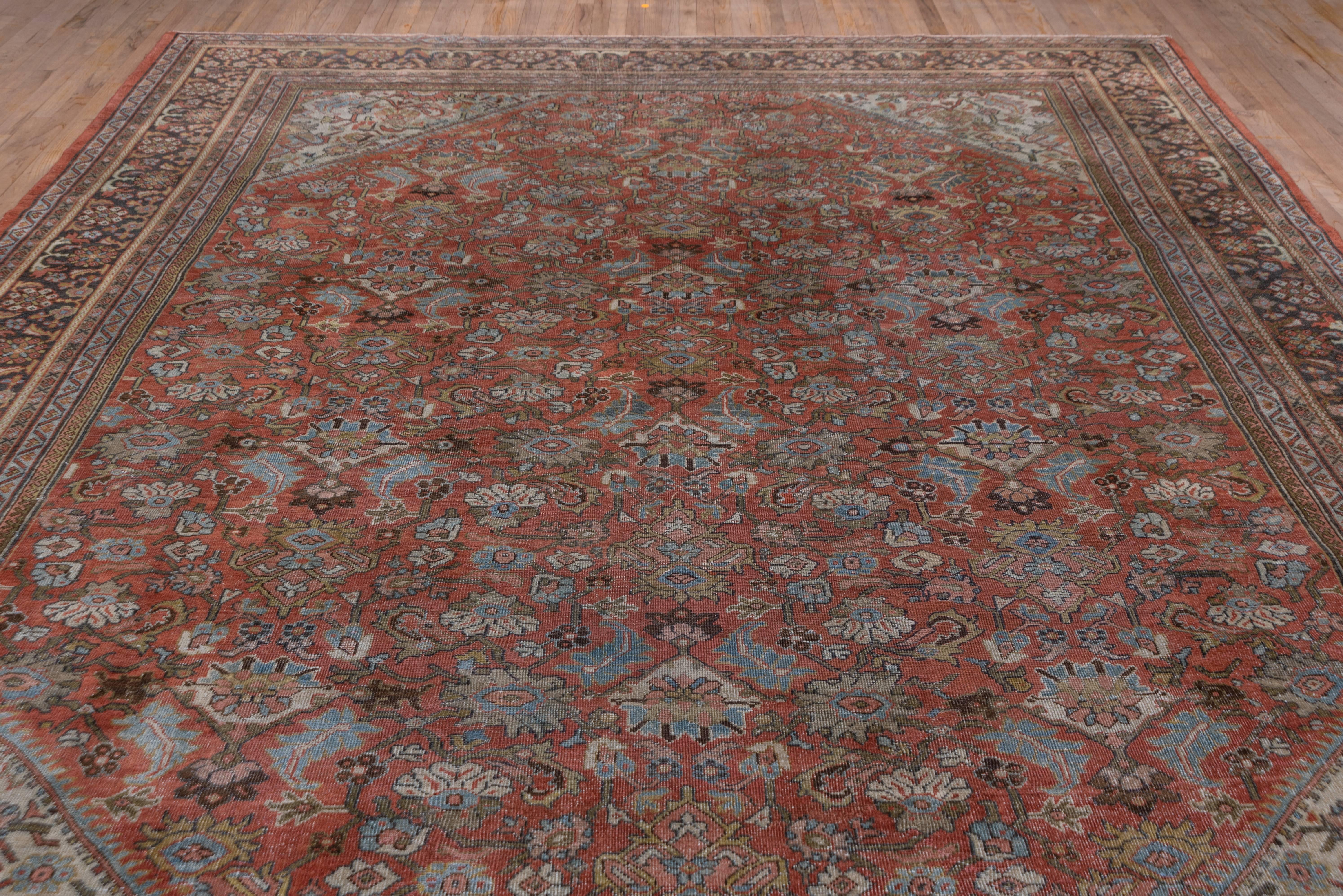 Turquoise accents abound in the rust field of this all-over design west Persian village carpet. Stylized carnations, curved leaves and various palmettes basically float freely without an underlying connecting tracery. The olive border displays two