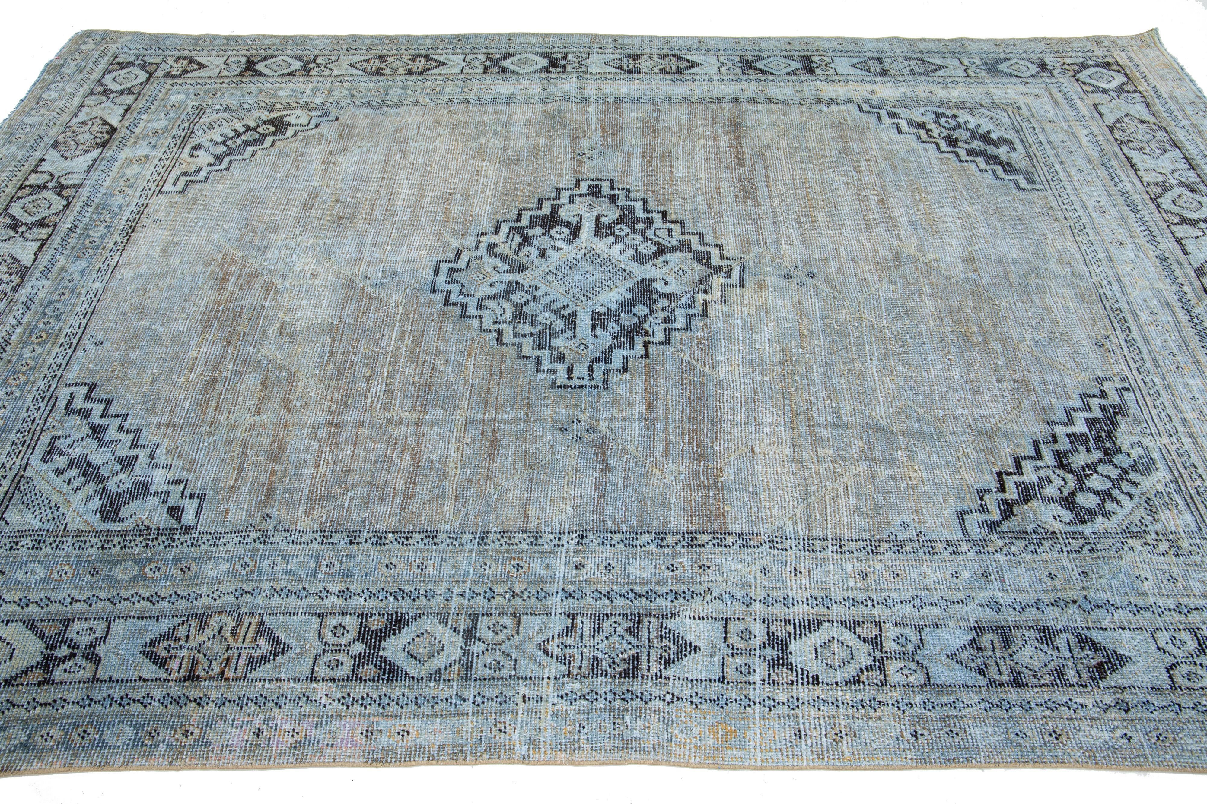 Persian Antique Mahal Distressed Wool Rug with Medallion Design in Blue For Sale