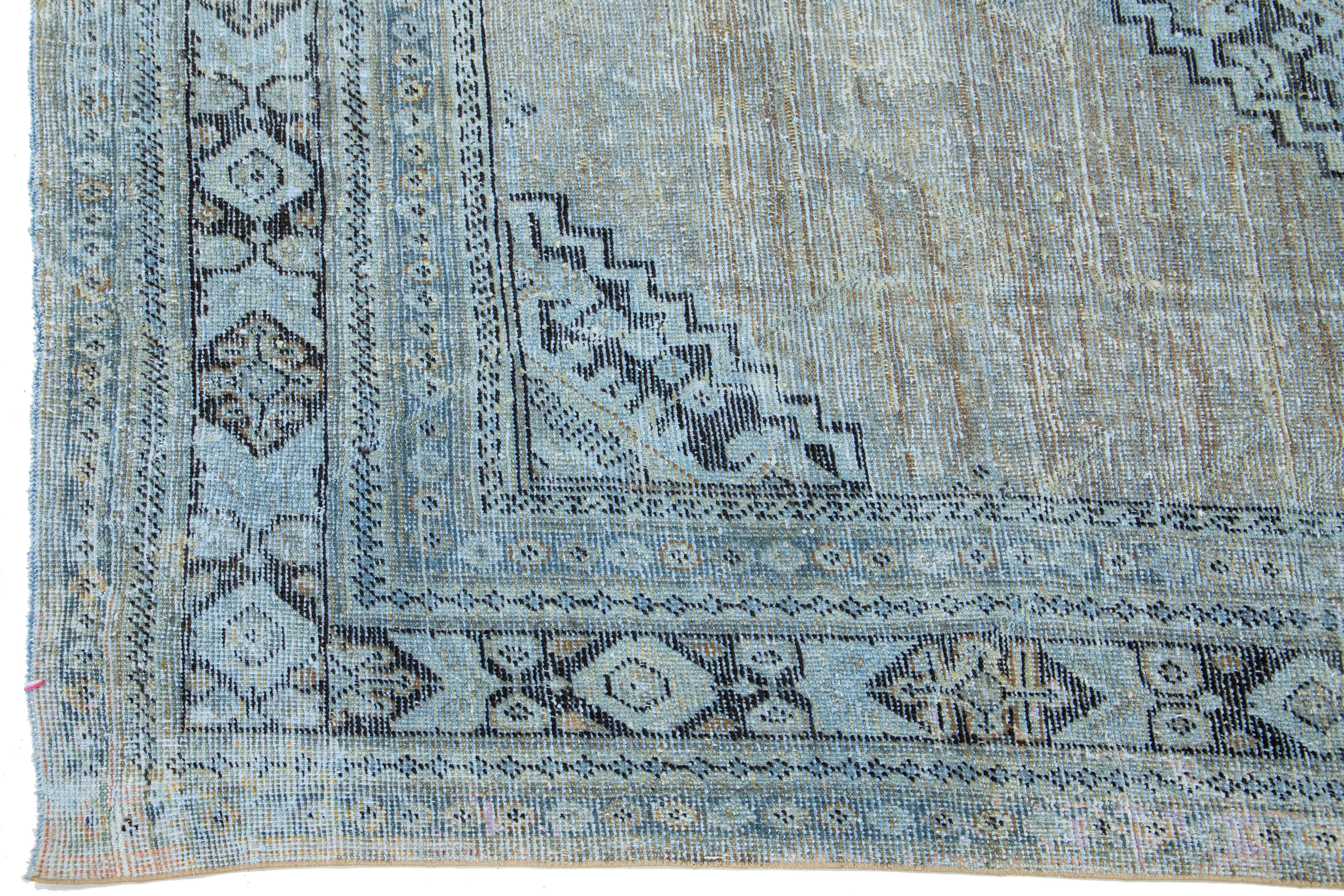 Hand-Knotted Antique Mahal Distressed Wool Rug with Medallion Design in Blue For Sale