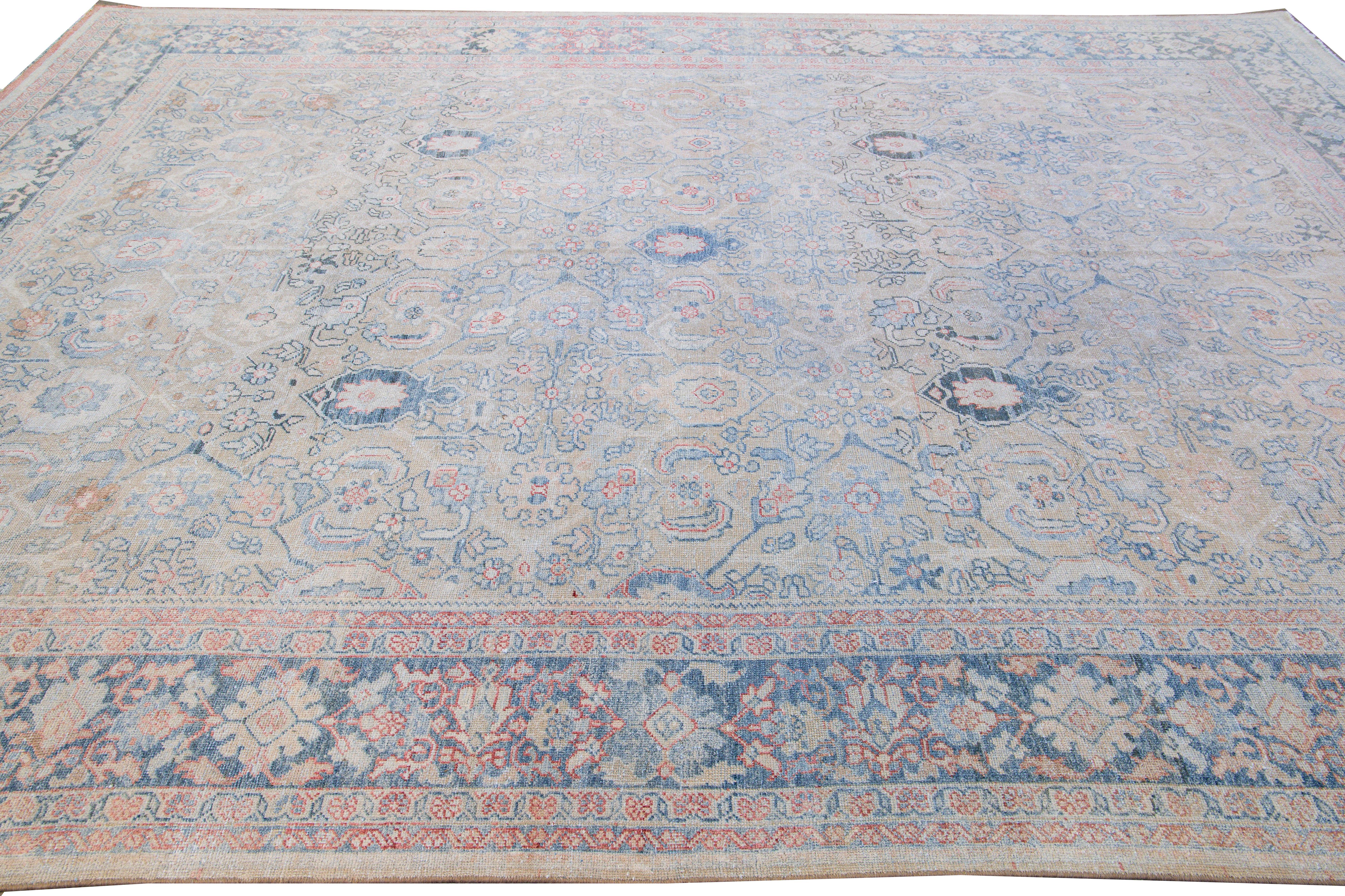 Antique Mahal Handmade Floral Designed Beige Wool Rug In Good Condition For Sale In Norwalk, CT