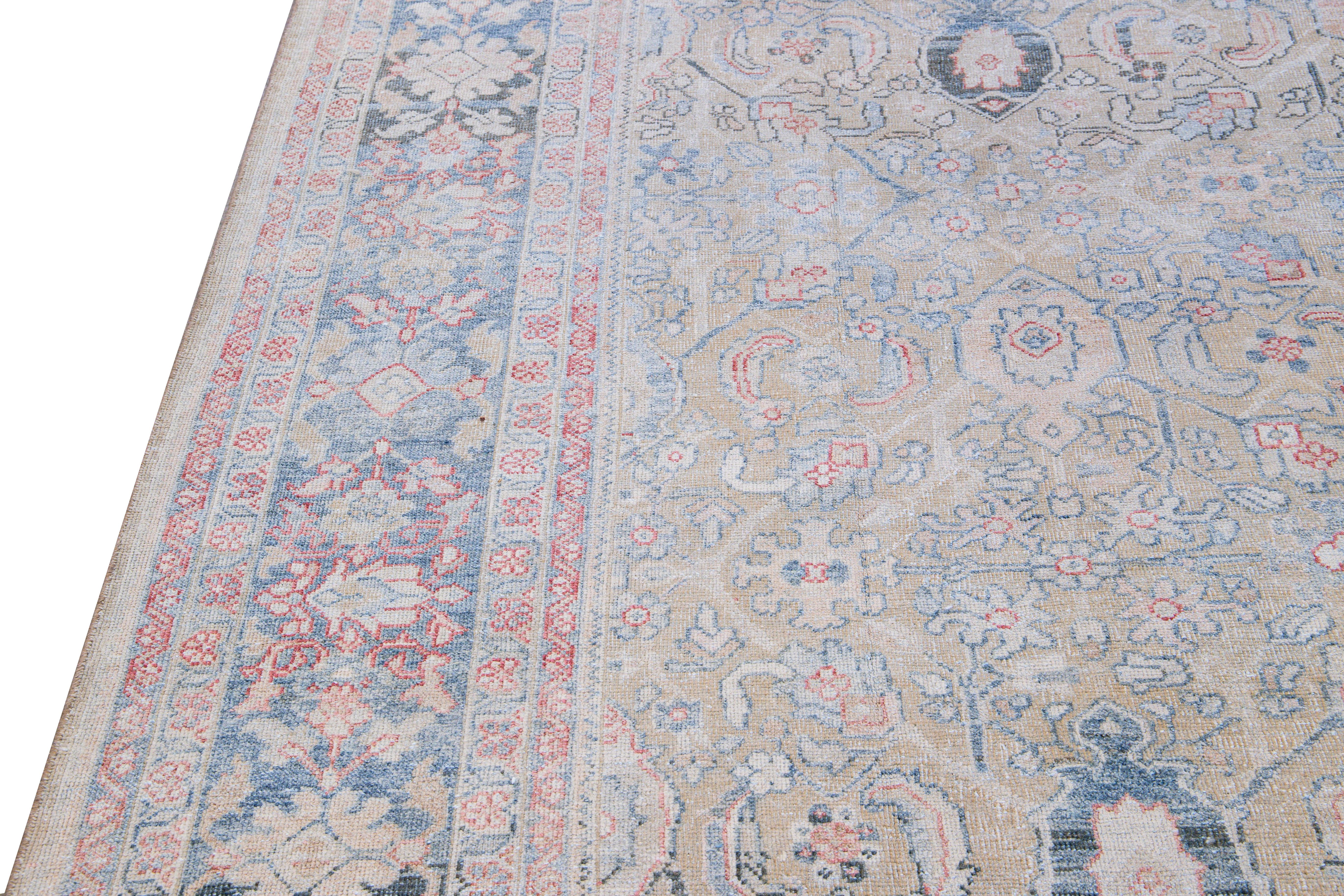 Antique Mahal Handmade Floral Designed Beige Wool Rug For Sale 1