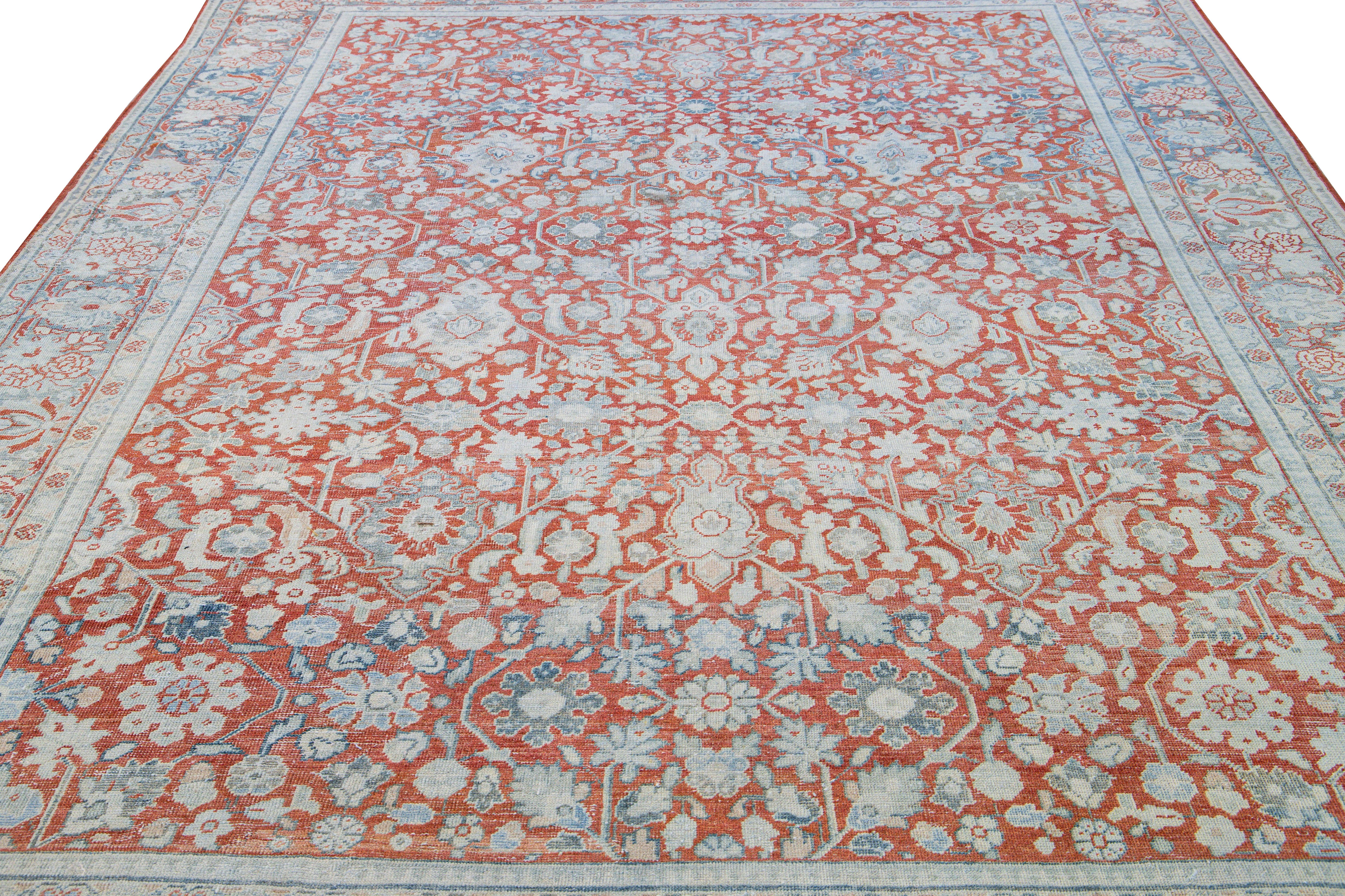 Islamic Antique Mahal Handmade Floral Motif Red Wool Rug For Sale