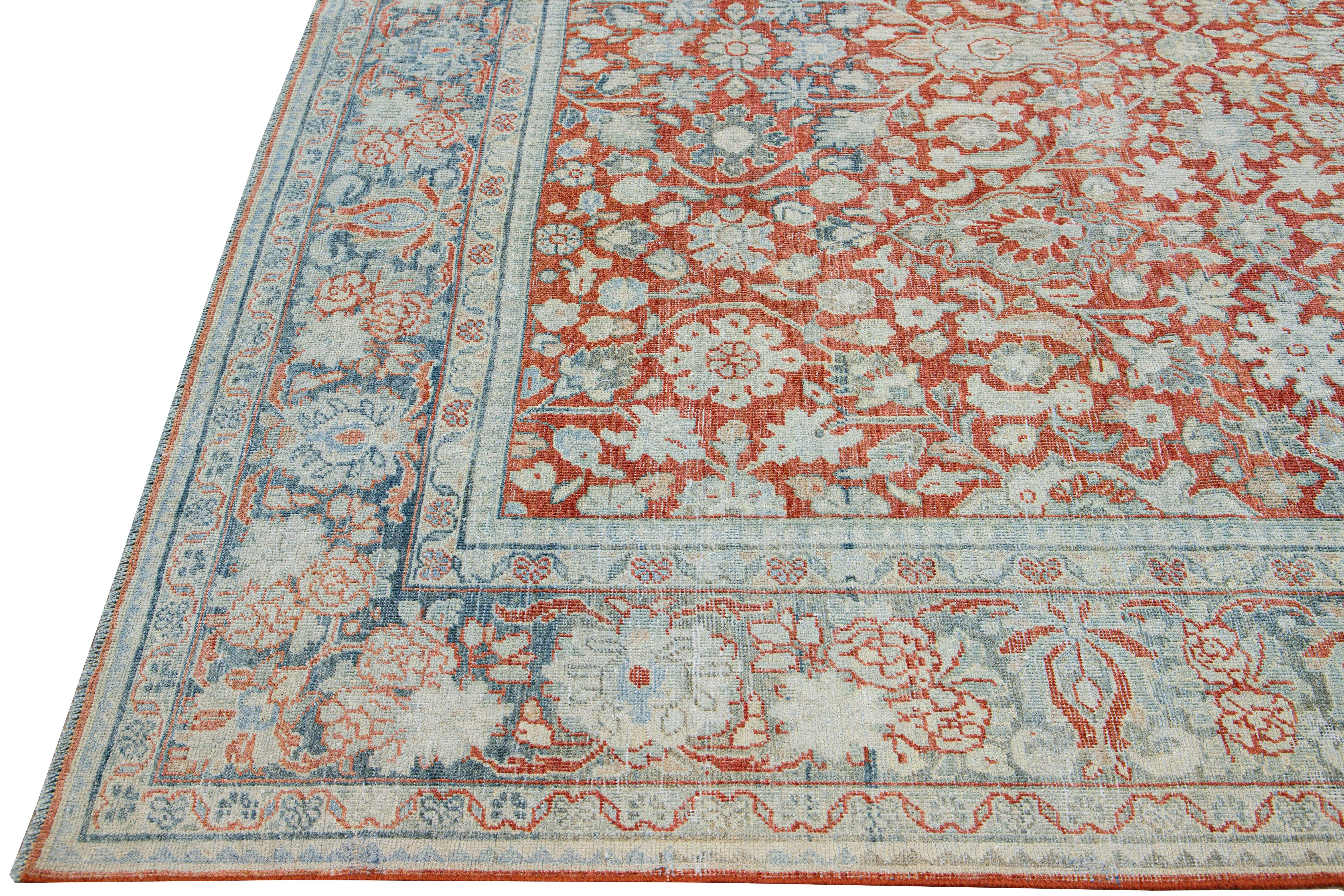 Persian Antique Mahal Handmade Floral Motif Red Wool Rug For Sale