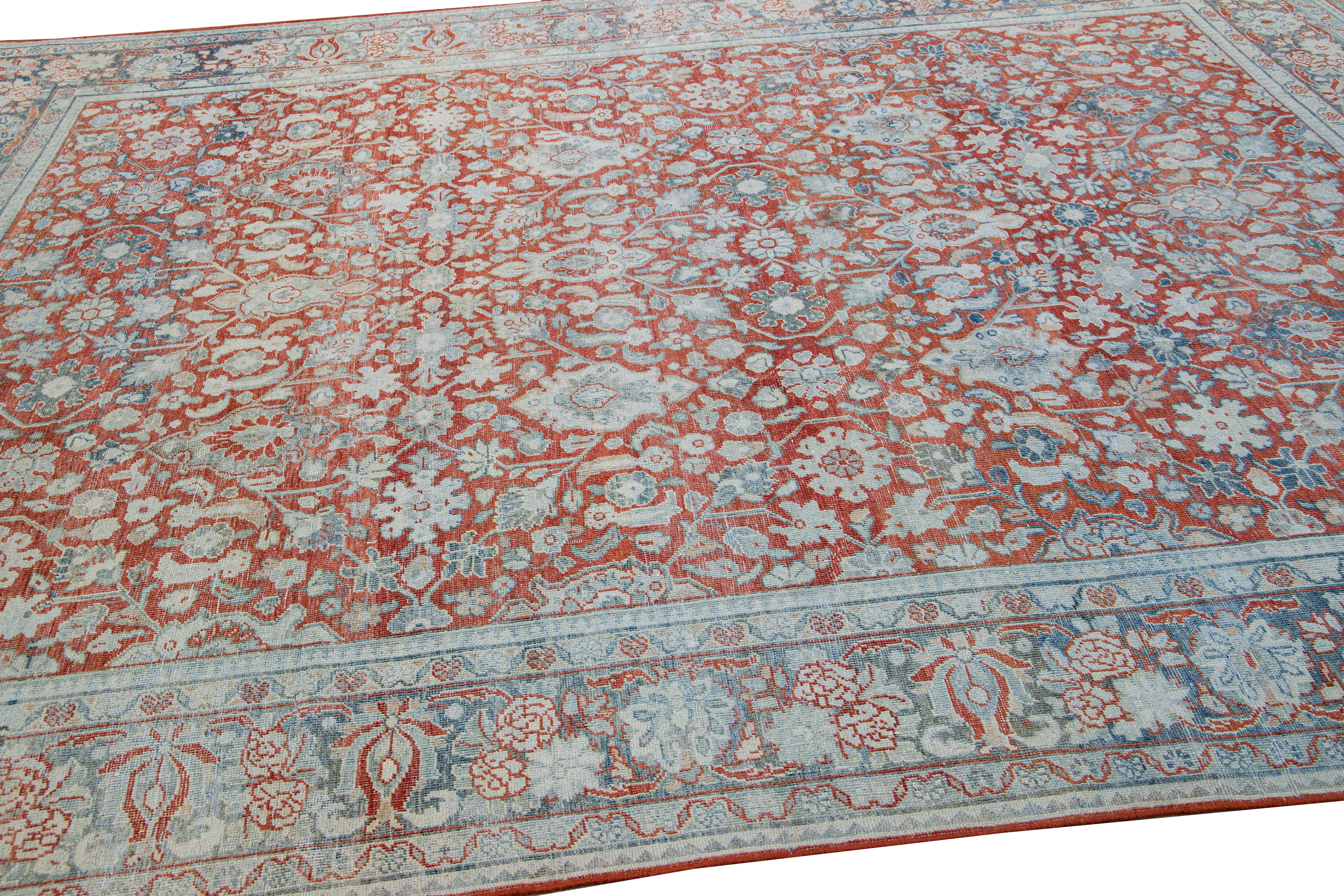 Hand-Knotted Antique Mahal Handmade Floral Motif Red Wool Rug For Sale