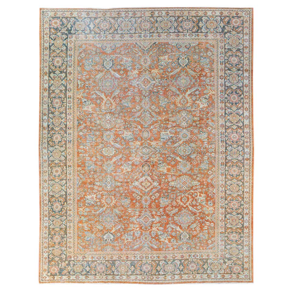 Antique Mahal Rug with Floral Pattern in Camel, Coral, Turquoise , Rust ...