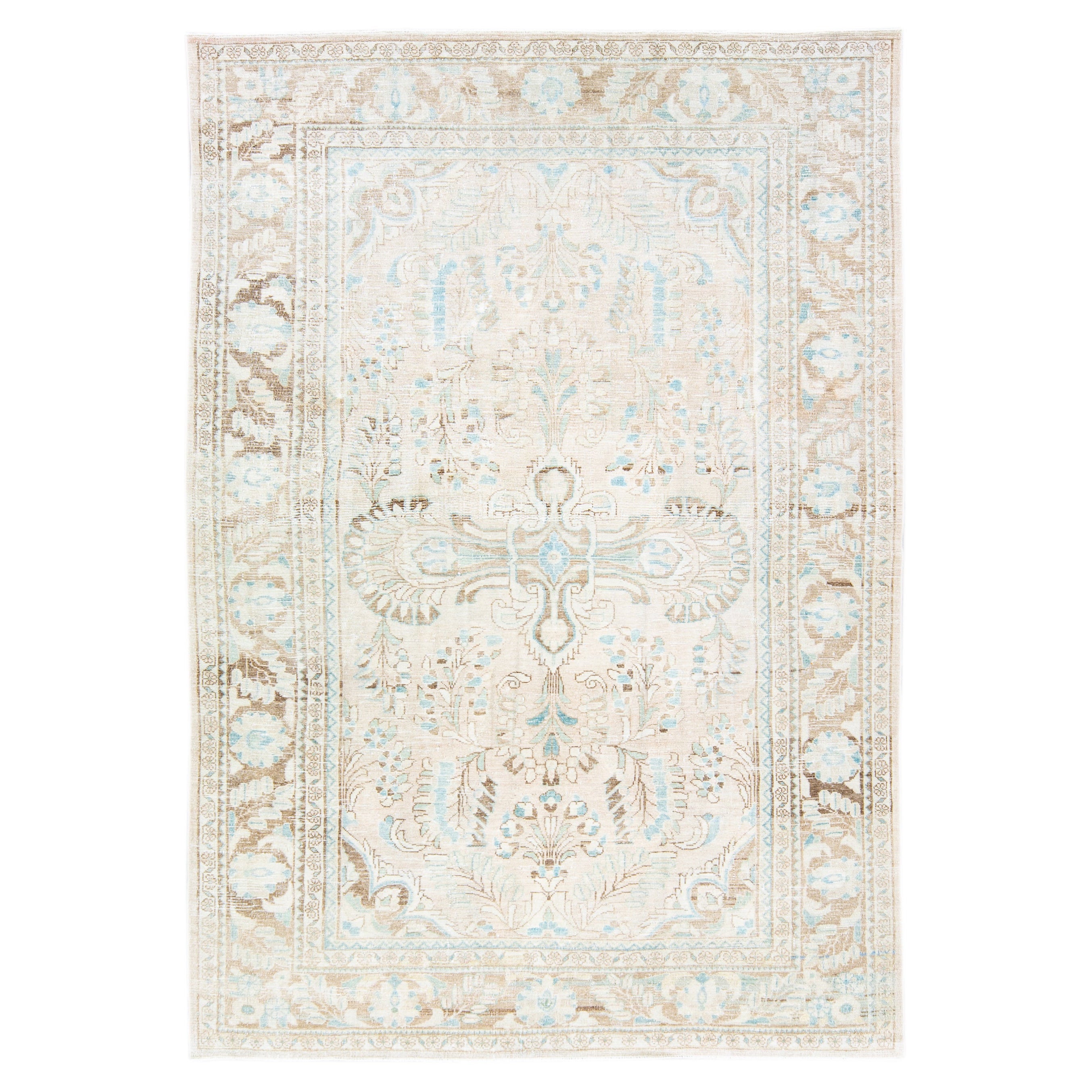 Tapis Mahal ancien en laine beige à motif de médaillon fait à la main