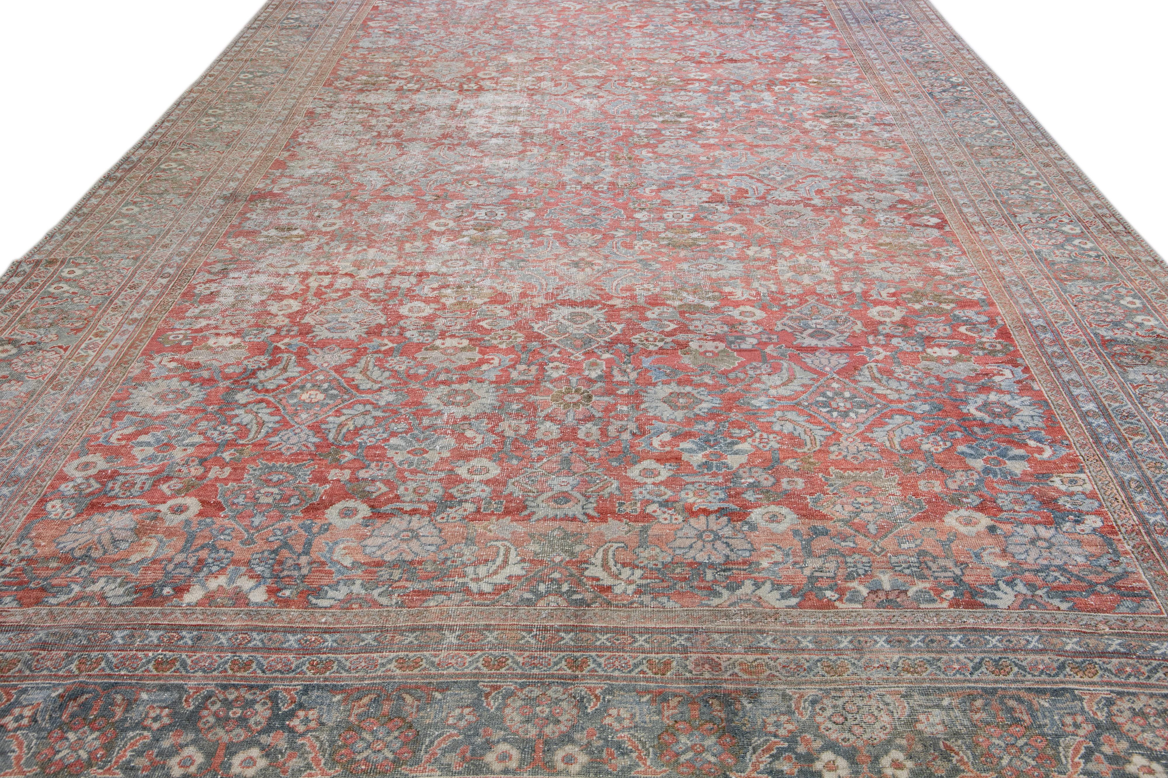 Islamic Antique Mahal Handmade Oversize Red Wool Rug with Allover Design For Sale