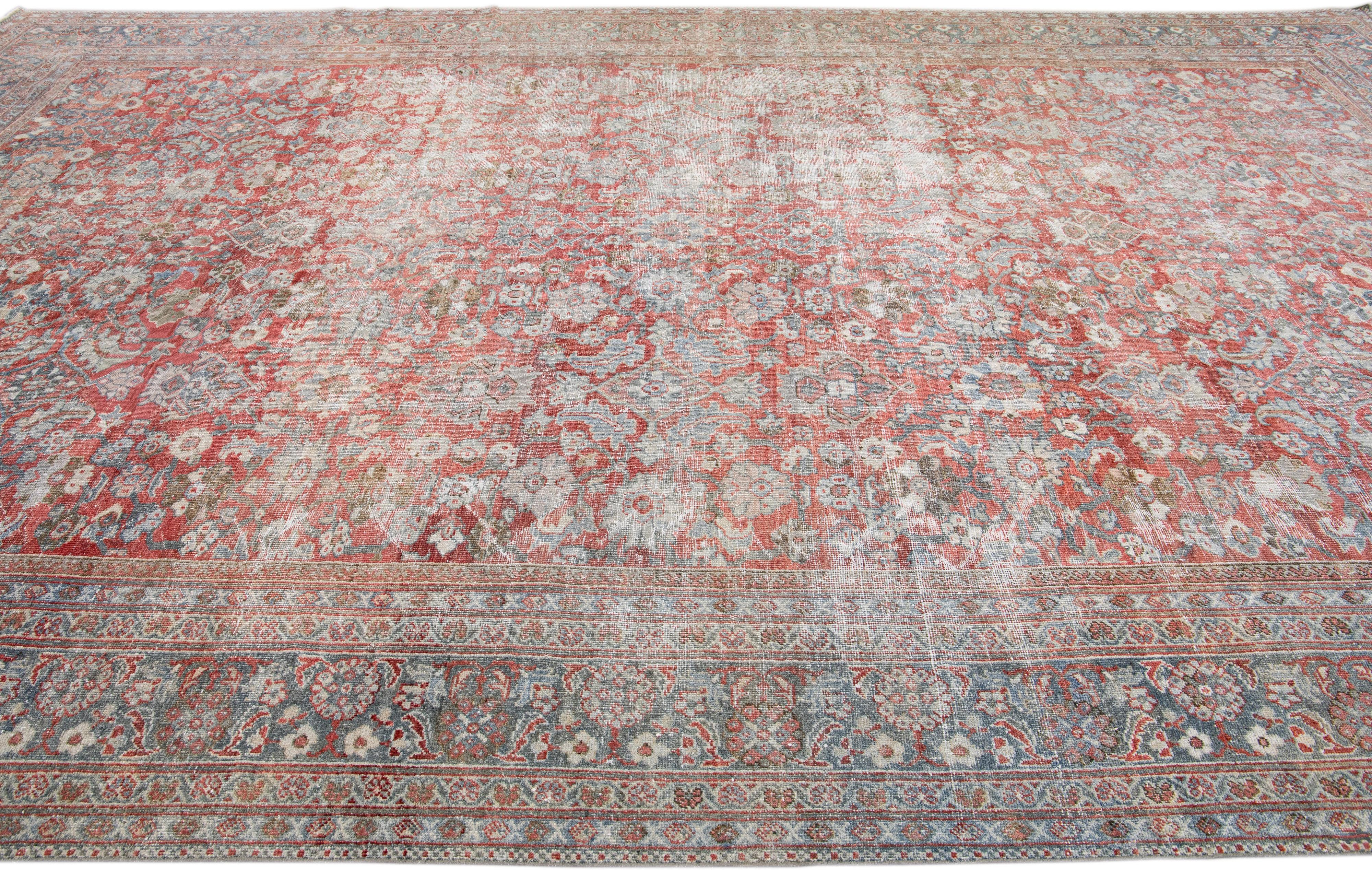 Hand-Knotted Antique Mahal Handmade Oversize Red Wool Rug with Allover Design For Sale