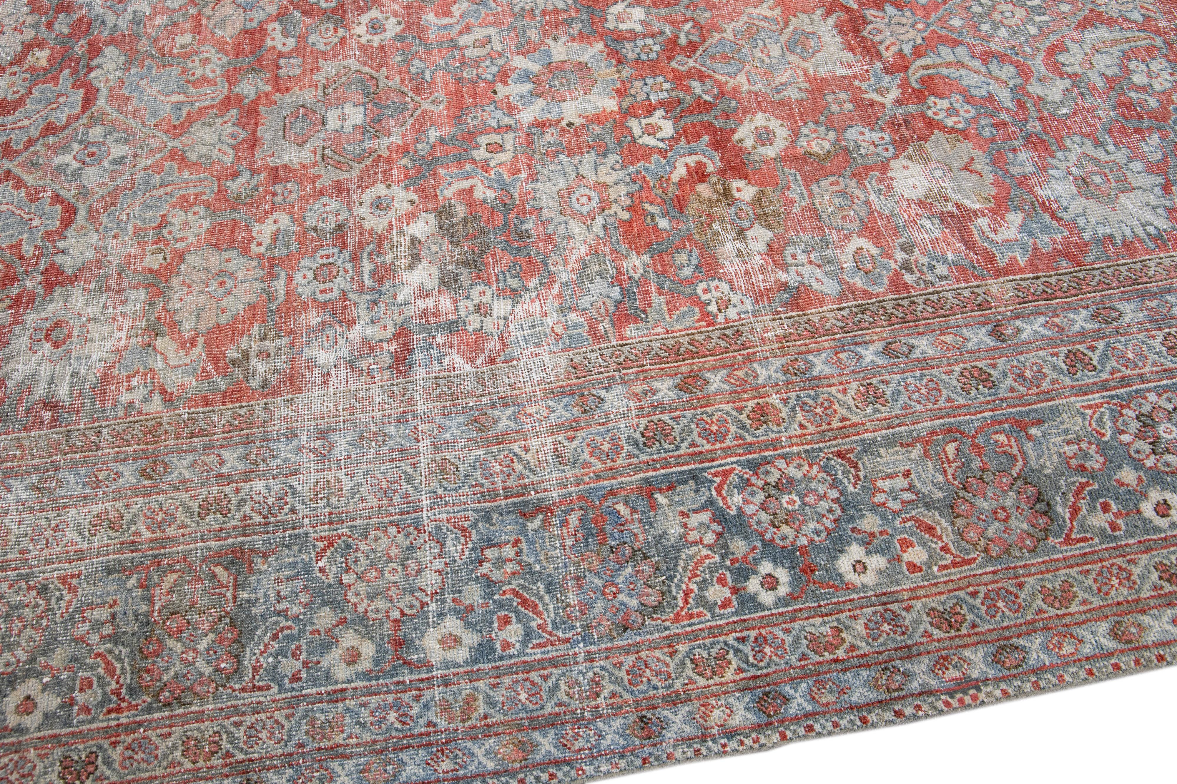 Antique Mahal Handmade Oversize Red Wool Rug with Allover Design In Distressed Condition For Sale In Norwalk, CT