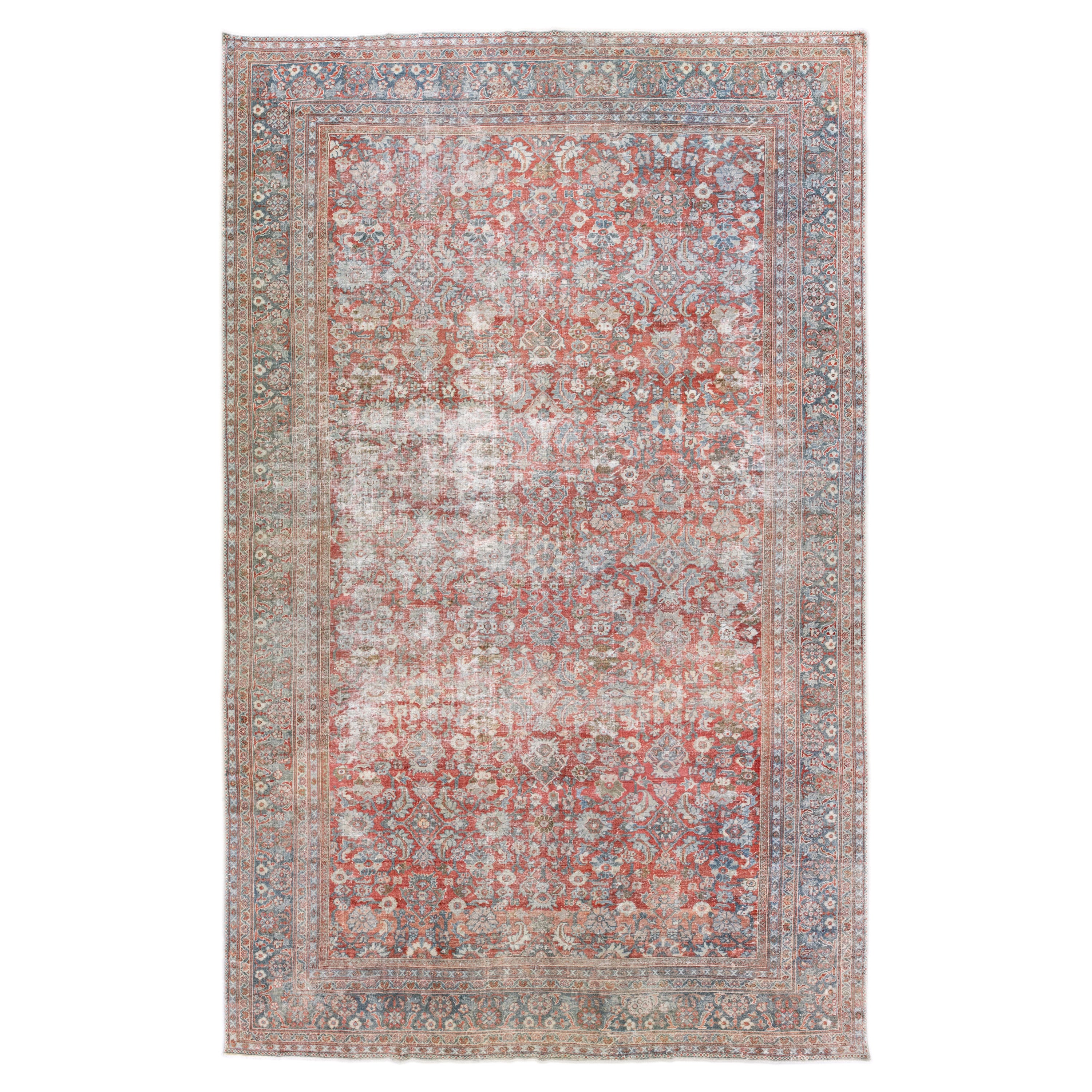Antiker antiker Mahal handgefertigter übergroßer roter Wollteppich mit Allover-Design