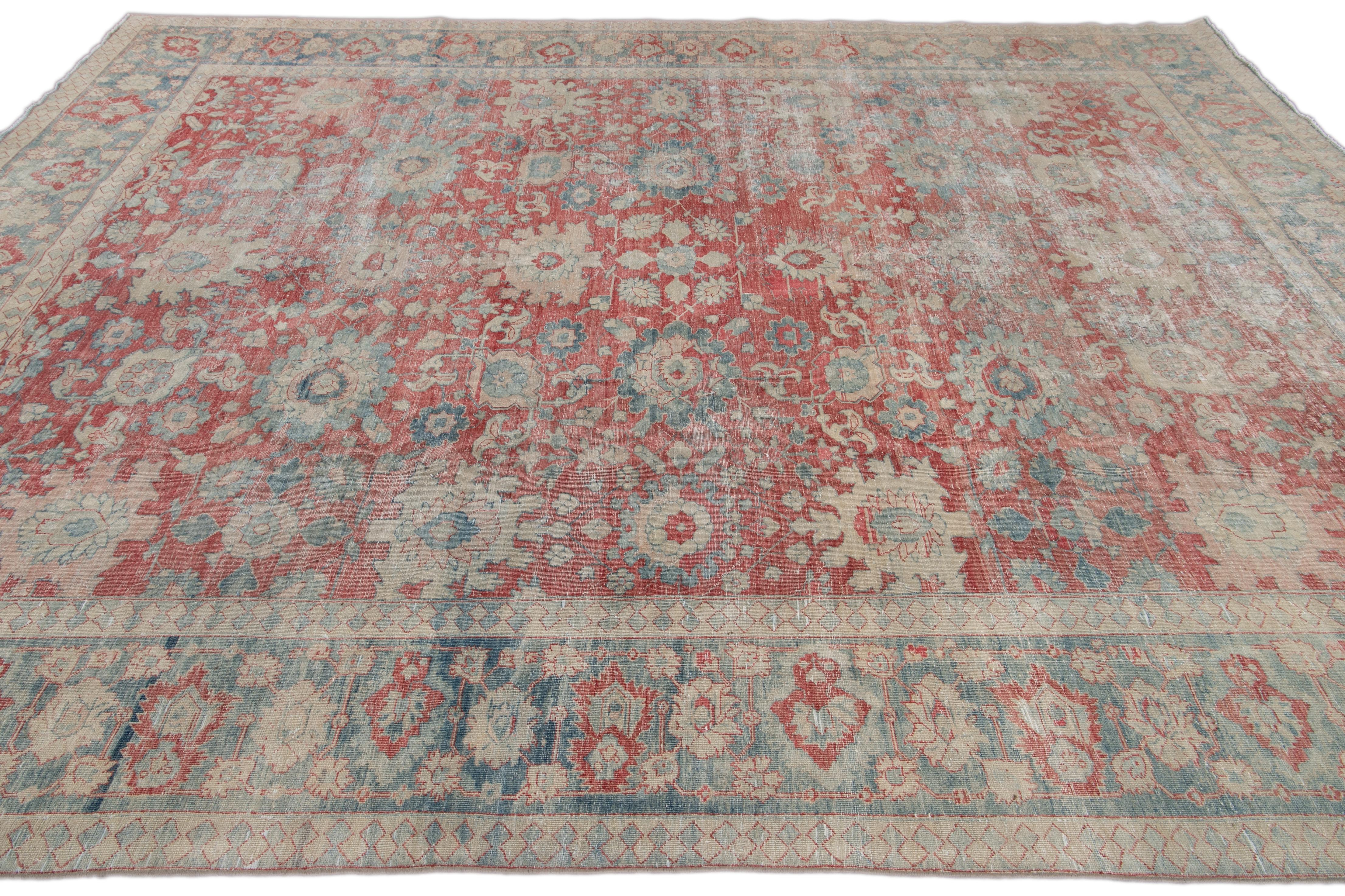 Antique Mahal Handmade Red Wool Rug For Sale 1