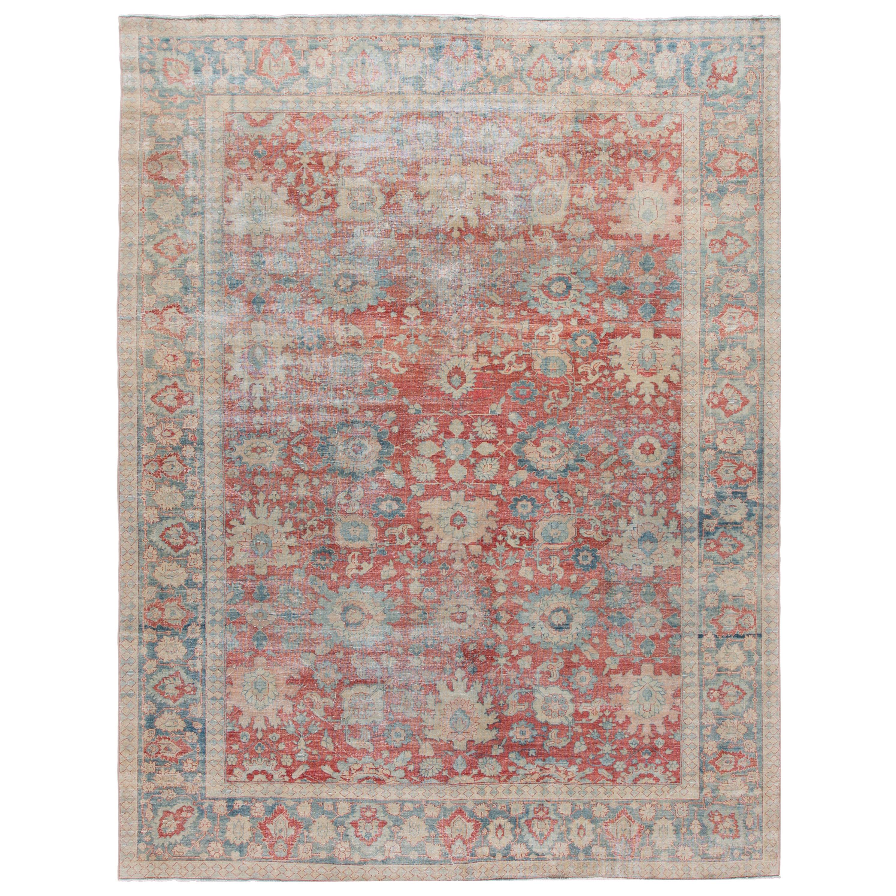 Antique Mahal Handmade Red Wool Rug For Sale