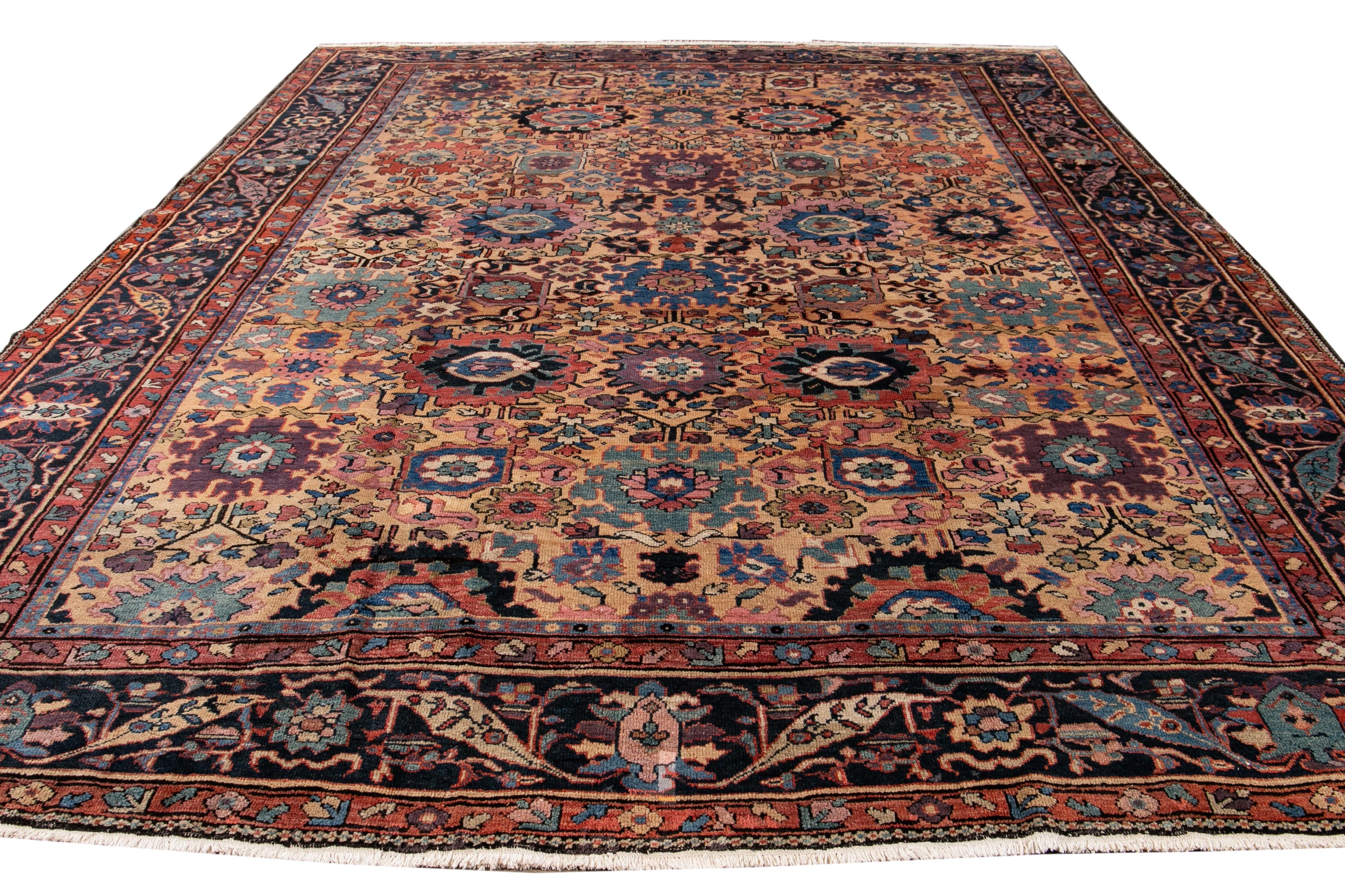 Islamic Antique Mahal Handmade Tan Wool Rug With Multicolor Floral Design For Sale