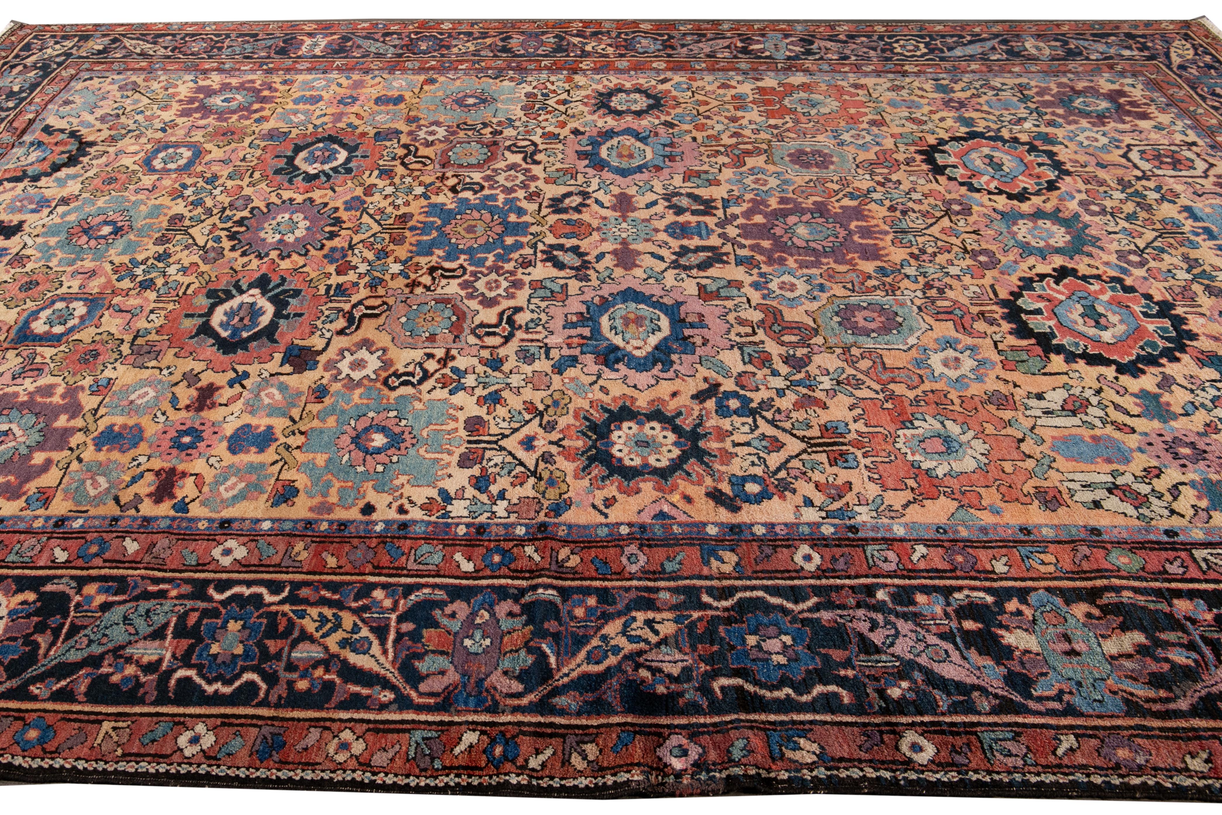 Persian Antique Mahal Handmade Tan Wool Rug With Multicolor Floral Design For Sale
