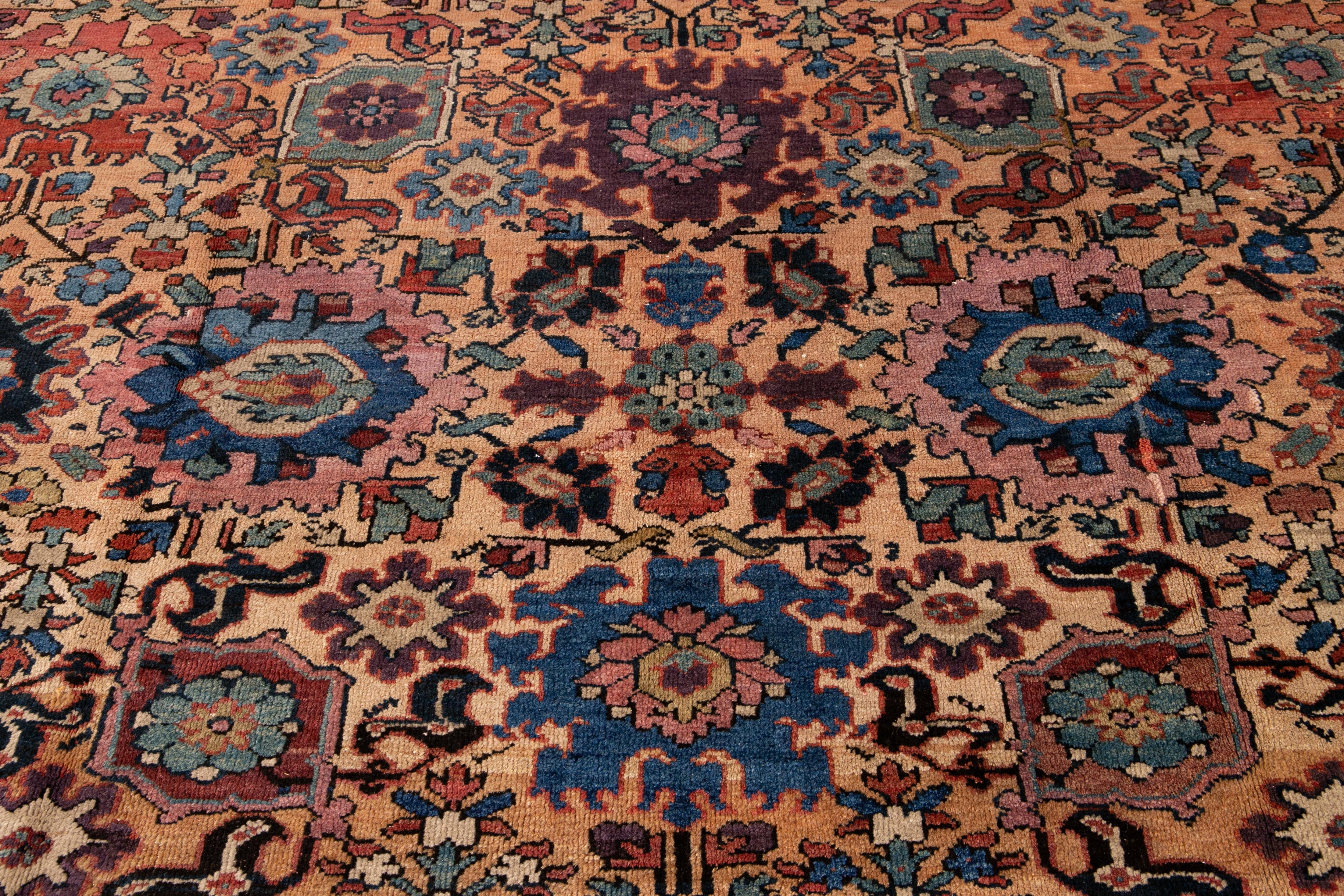 Hand-Knotted Antique Mahal Handmade Tan Wool Rug With Multicolor Floral Design For Sale