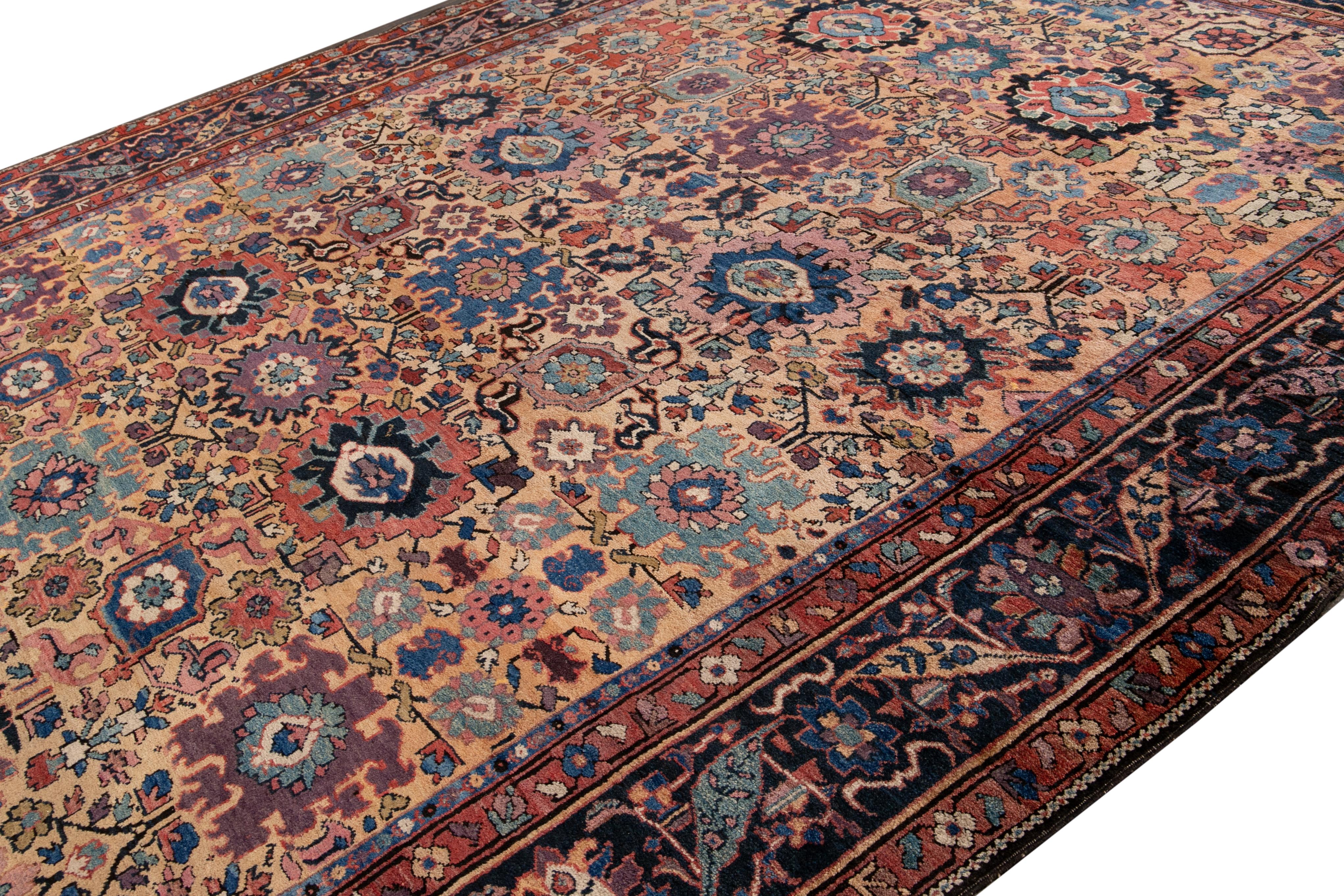Antique Mahal Handmade Tan Wool Rug With Multicolor Floral Design In Good Condition For Sale In Norwalk, CT