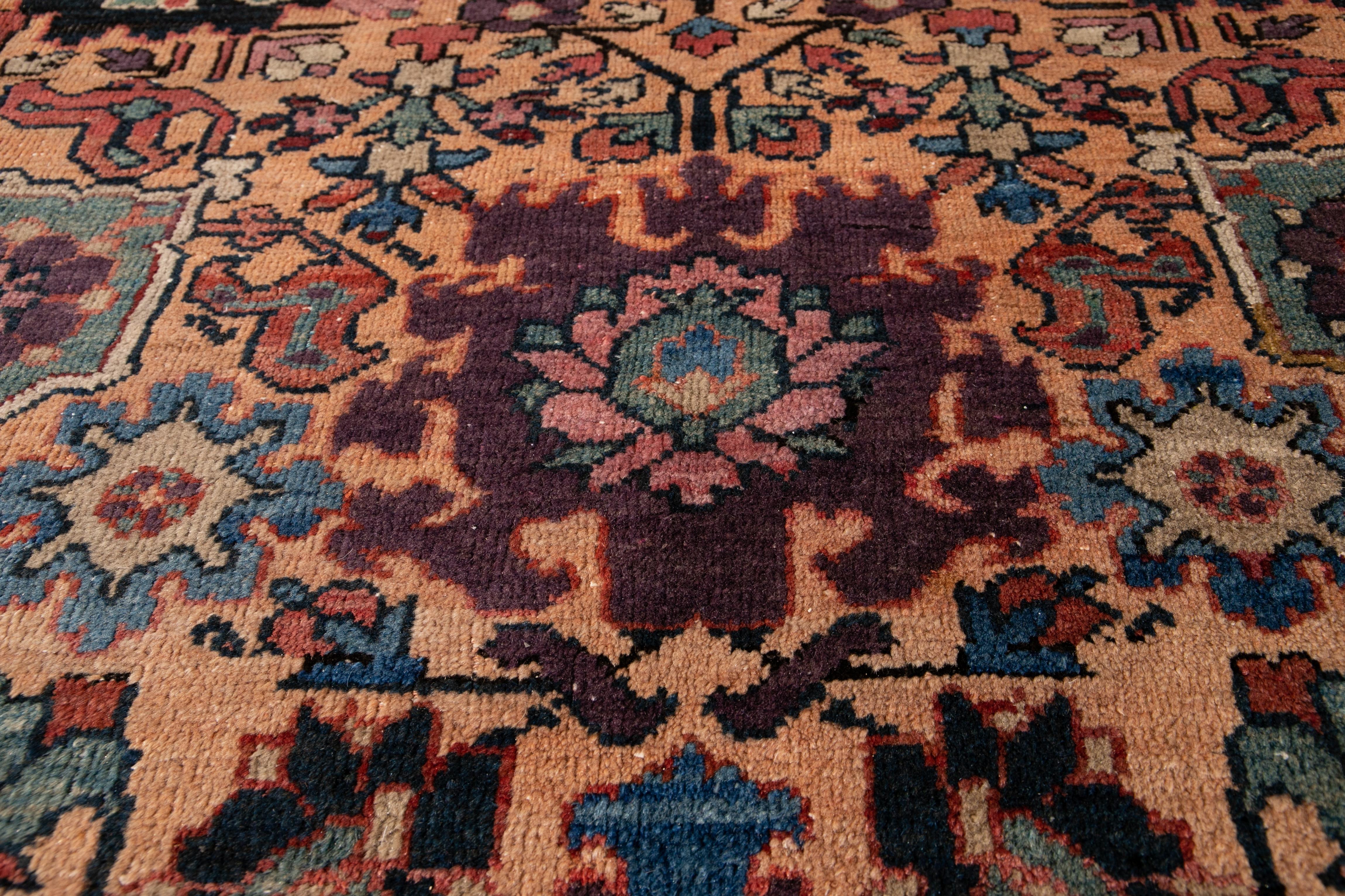 20th Century Antique Mahal Handmade Tan Wool Rug With Multicolor Floral Design For Sale