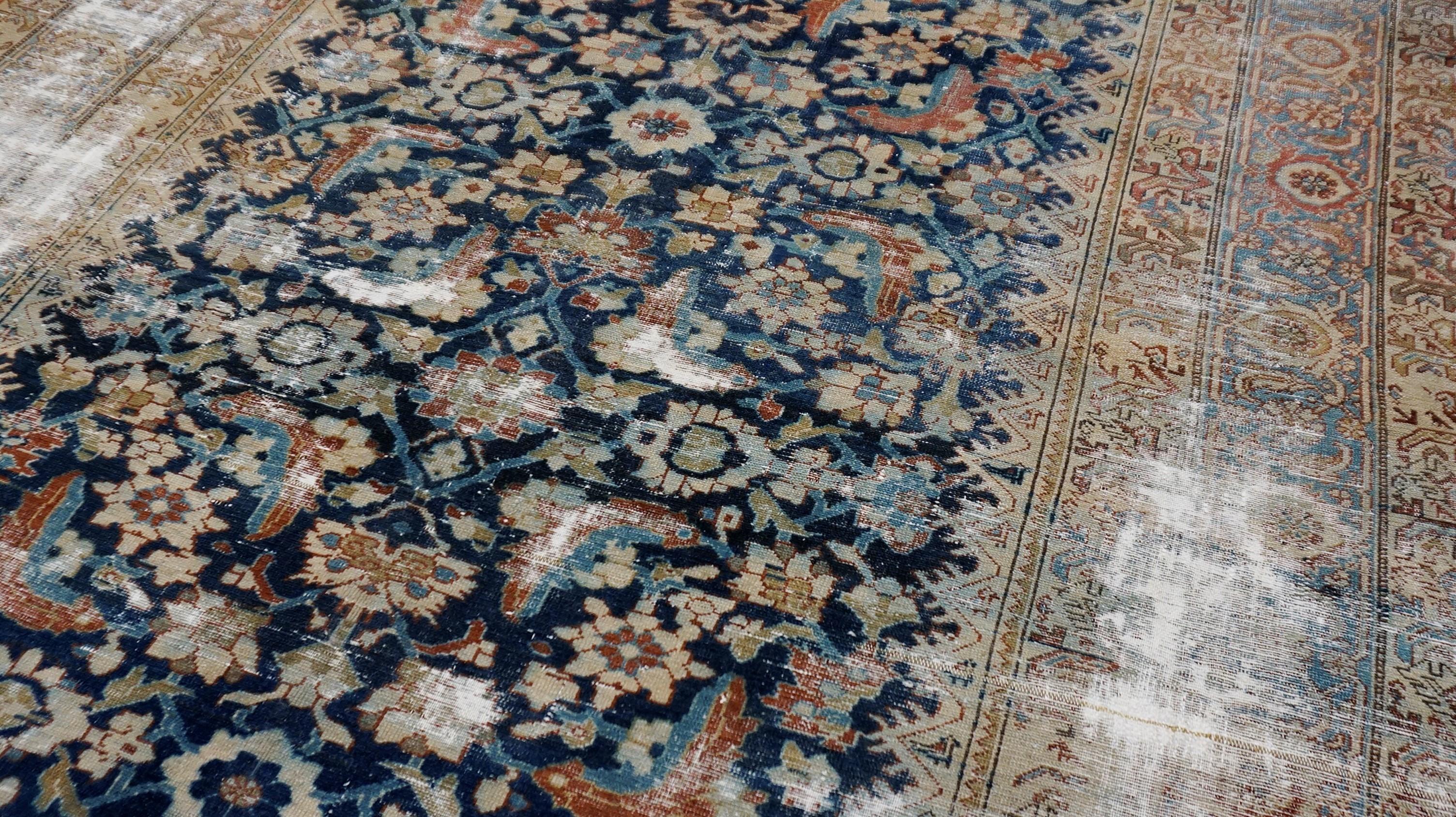 Persiano Tappeto antico Mahal Herati a quadri blu 6'2''x10'11'' in vendita