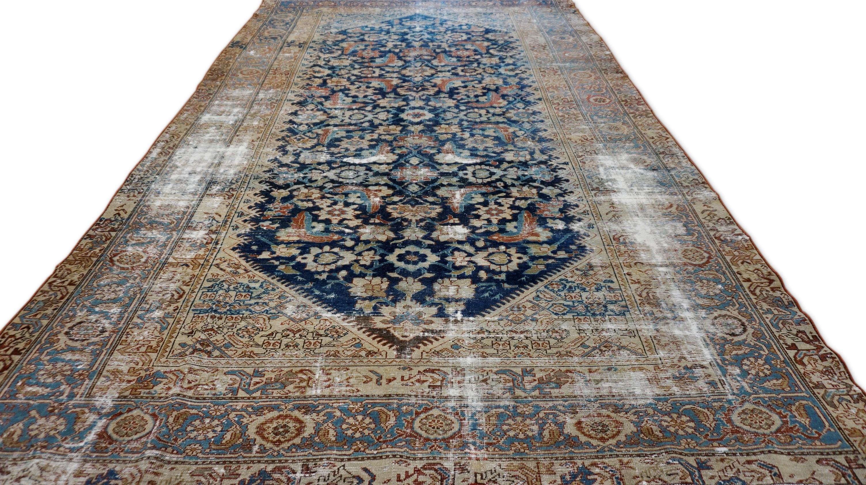 Annodato a mano Tappeto antico Mahal Herati a quadri blu 6'2''x10'11'' in vendita