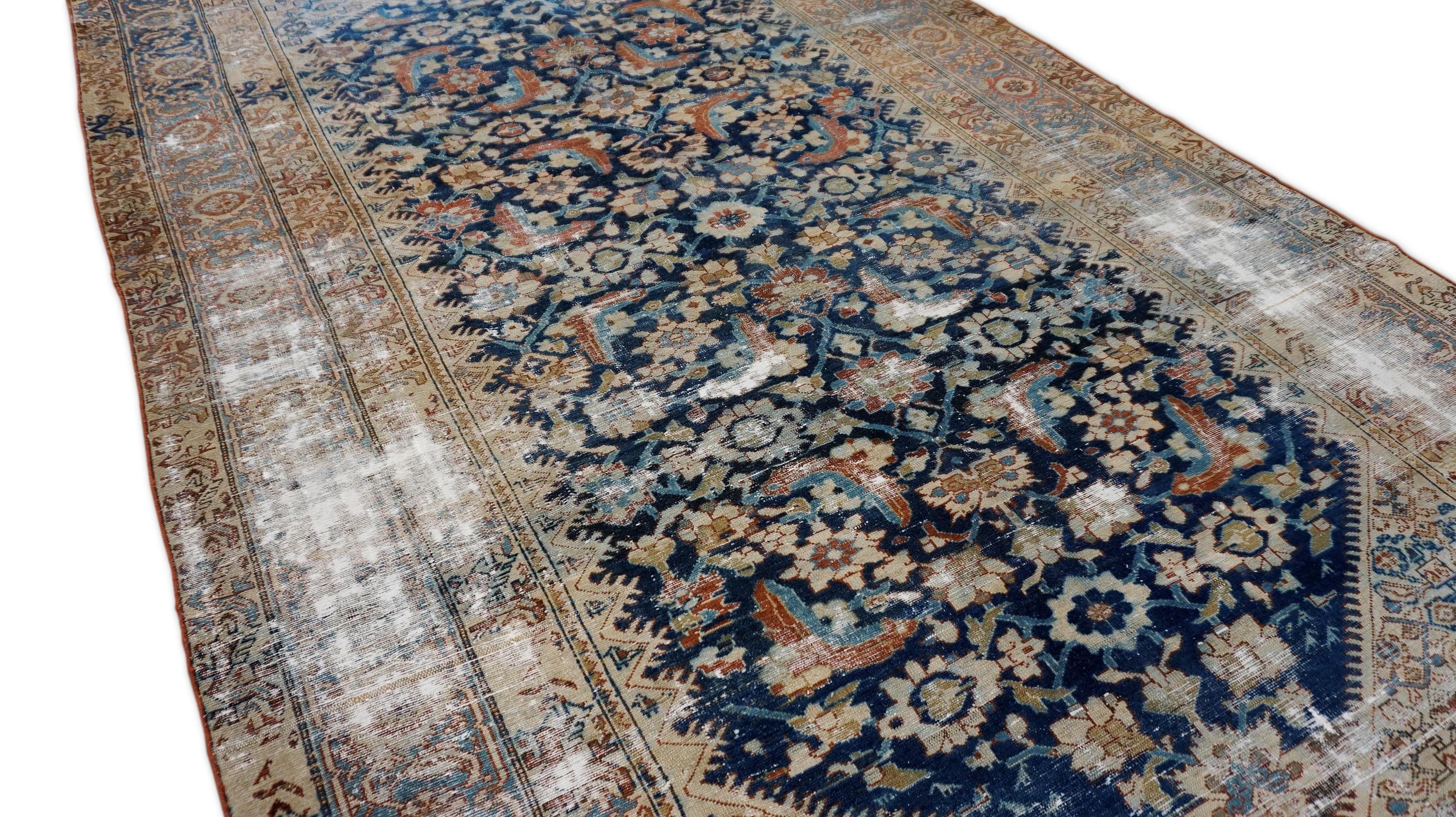 Tappeto antico Mahal Herati a quadri blu 6'2''x10'11'' In condizioni buone in vendita a Torrance, CA