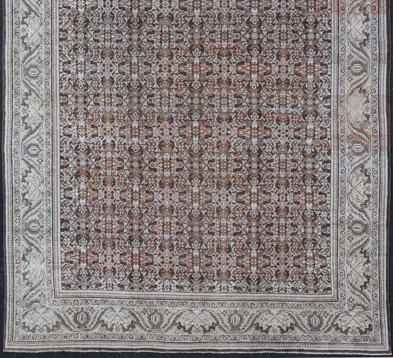 Alfombra Persa Antigua Mahal con Diseño Herati Integral en Marfil, Gris y Marrón Anudado a mano en venta