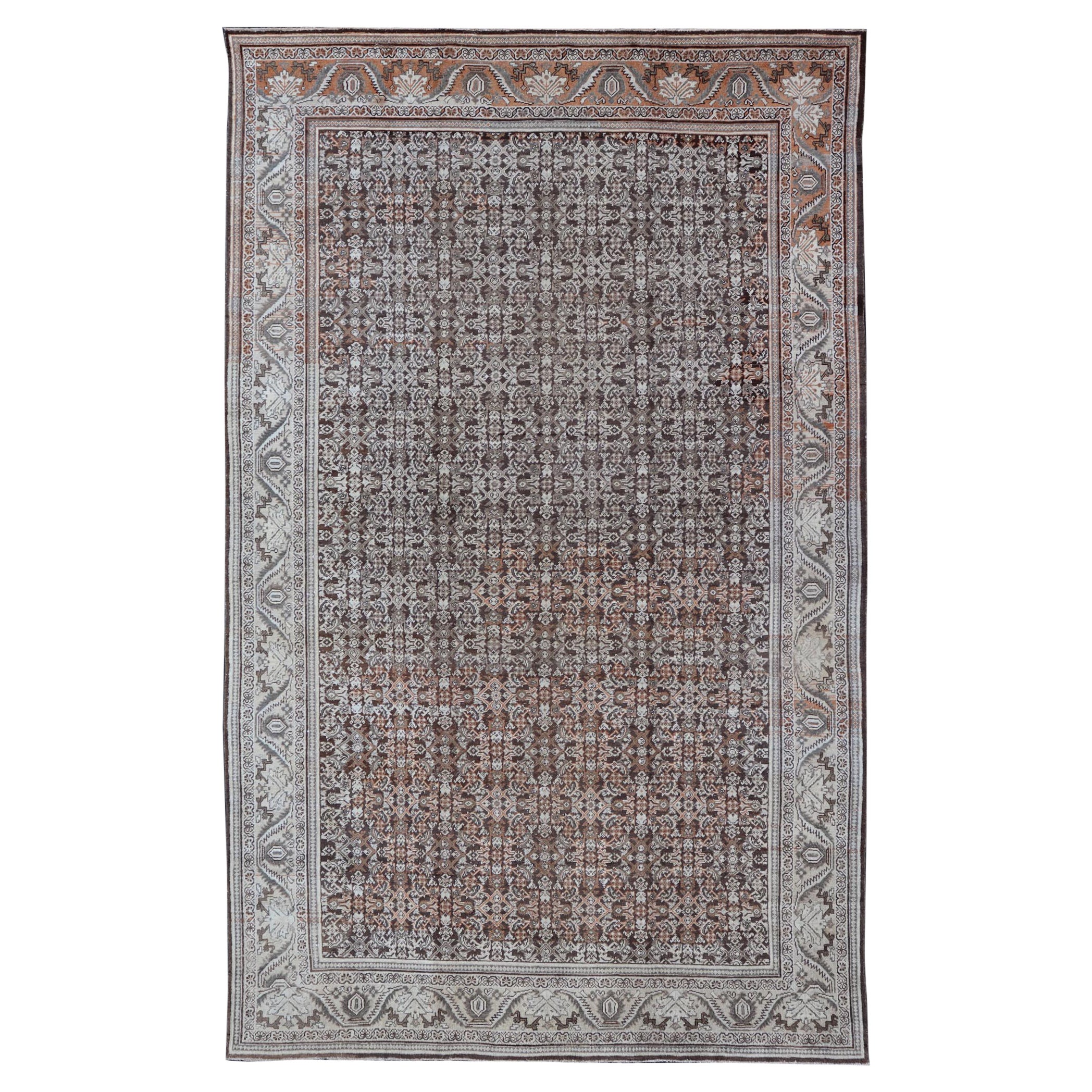Tapis persan antique Mahal avec Herati Design/One en ivoire, gris et Brown