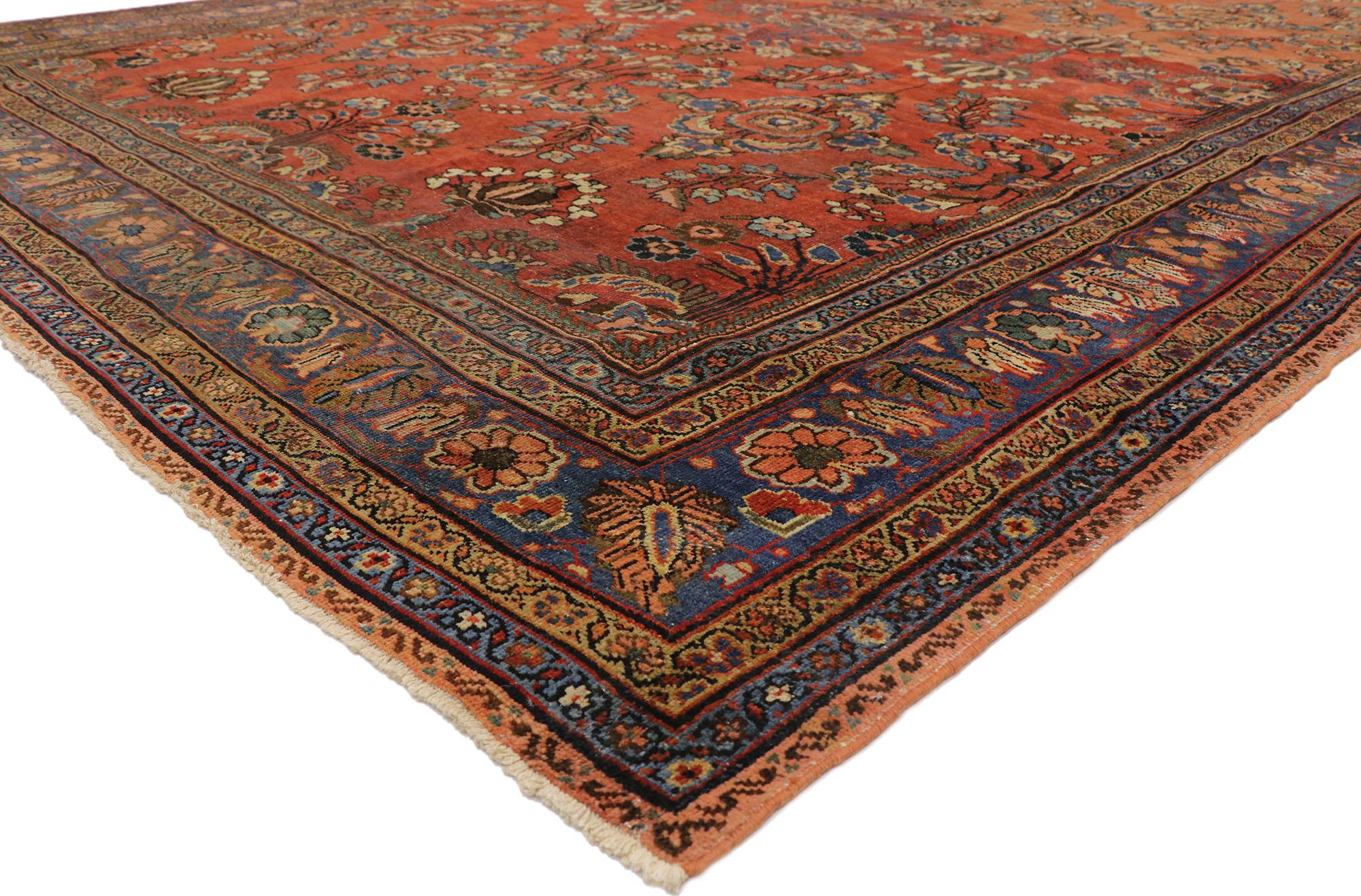 73381 Antique Mahal Persian Palace Size Rug with Manor House Tudor Style. With its incredible level of detail and impressive all-over geometric pattern, this magnificent and beautifully woven antique Persian Mahal is full of character and stately