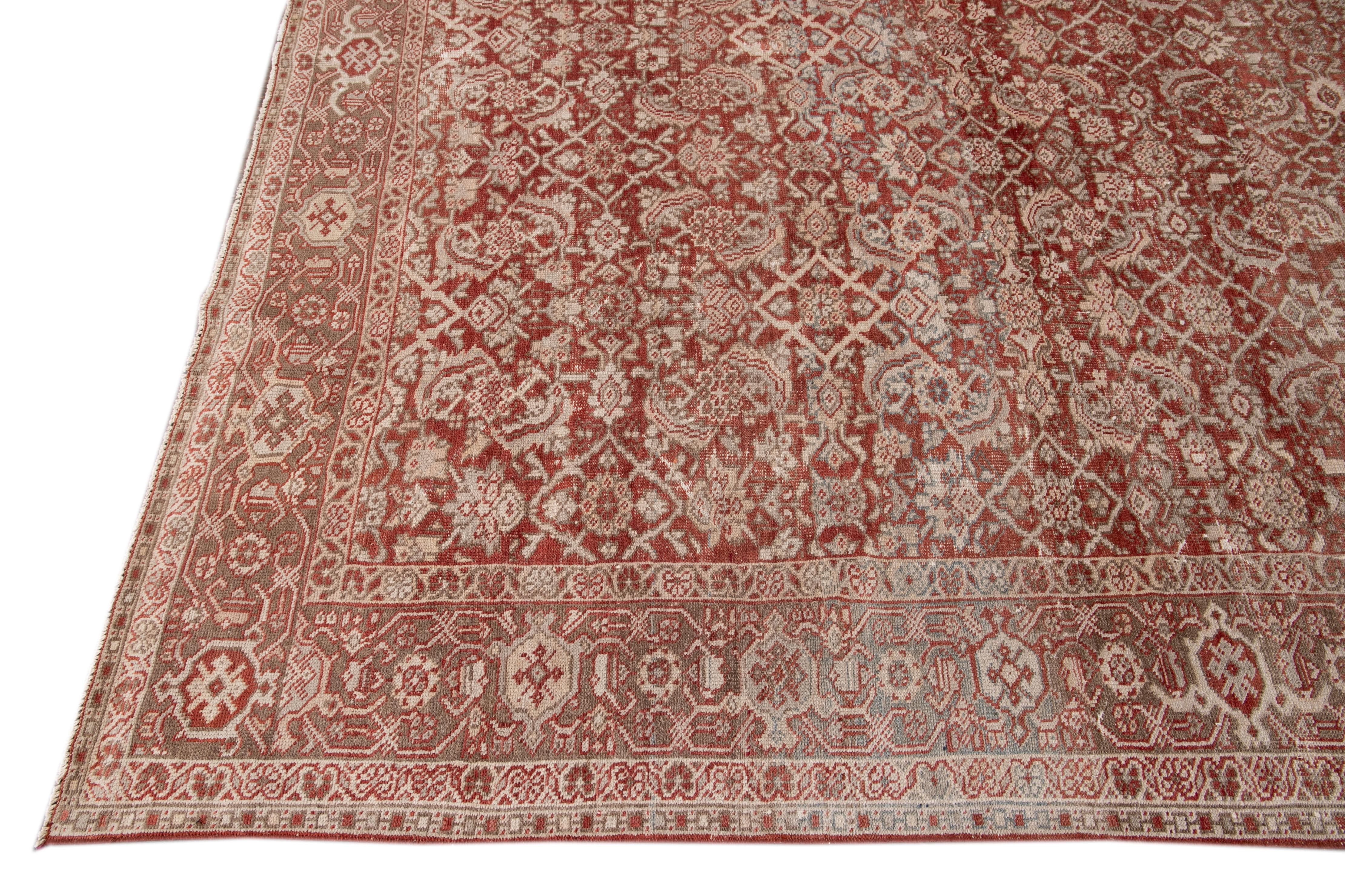 Persian Antique Mahal Red Handmade Wool Rug For Sale