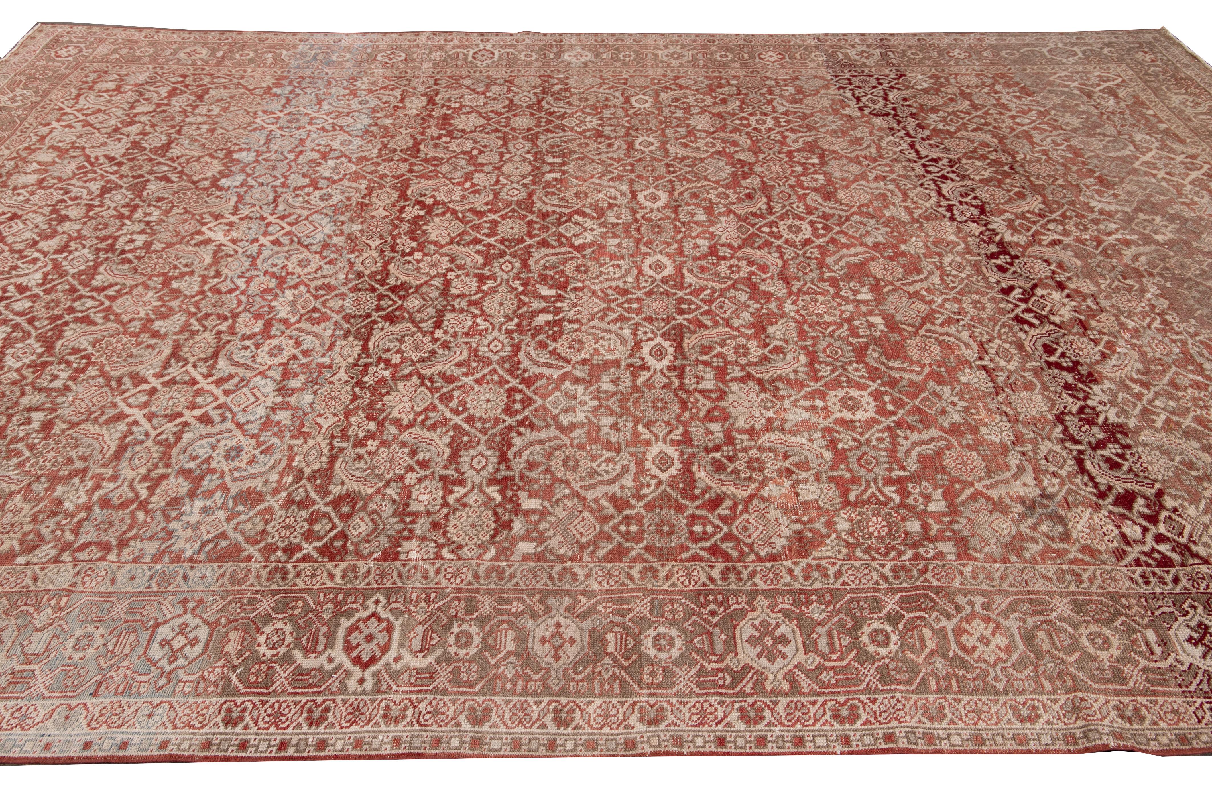 20th Century Antique Mahal Red Handmade Wool Rug For Sale