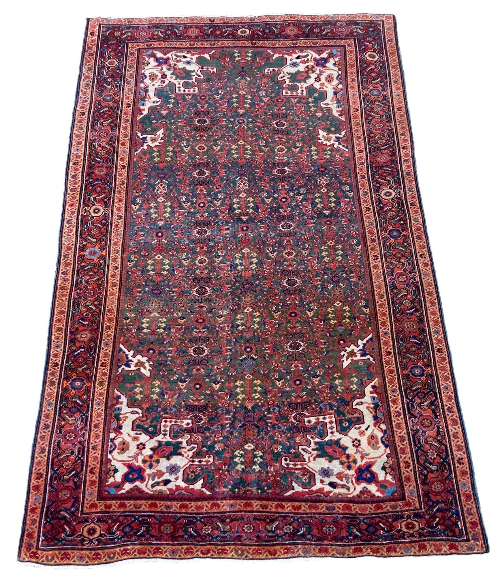 A fabulous antique Mahal rug, handwoven circa 1900 with an all over design on a rare green field, terracotta border and beautiful corner spandrels. Finely woven with great quality wool and marvellous secondary colours.
Size: 2.08m x 1.32m (6ft 10in