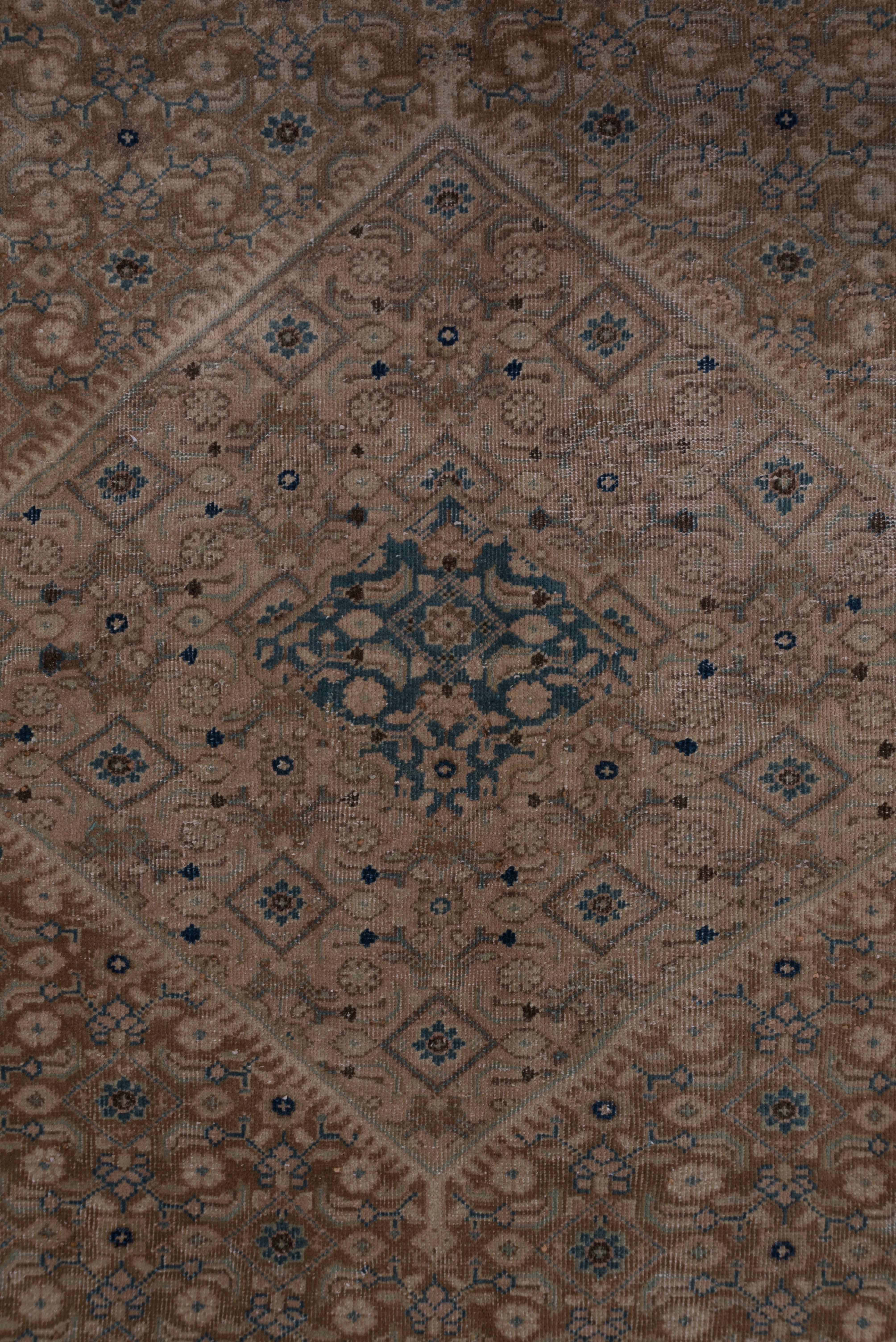 A small-scale Herati pattern covers the rust field and flows into the layered diamond medallion and triangular corners of this mellow toned west Persian village carpet. The light straw border shows a small rosette and bent leaf pattern matching the
