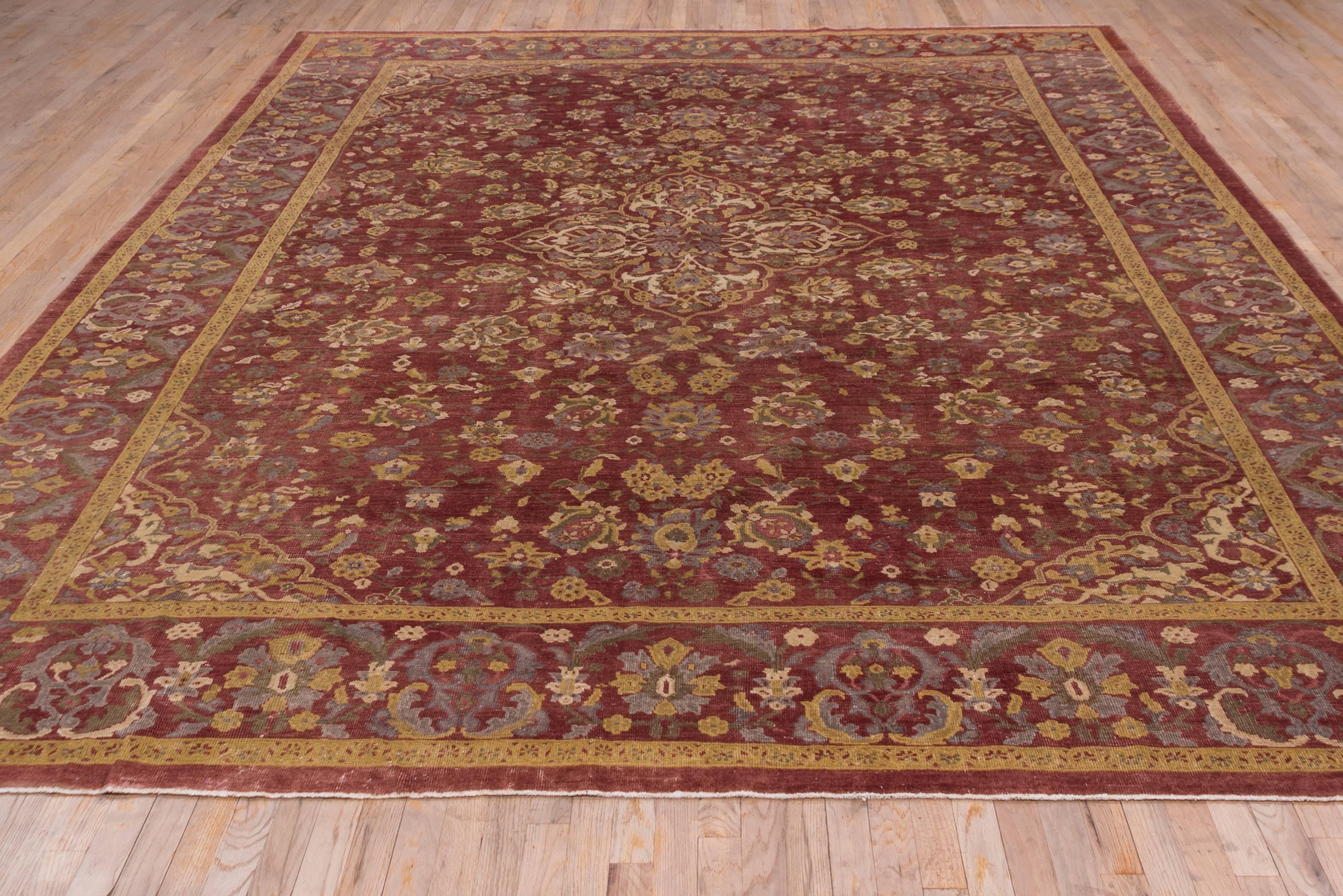 Persian Antique Mahal Carpet, Circa 1920s, Red Field
