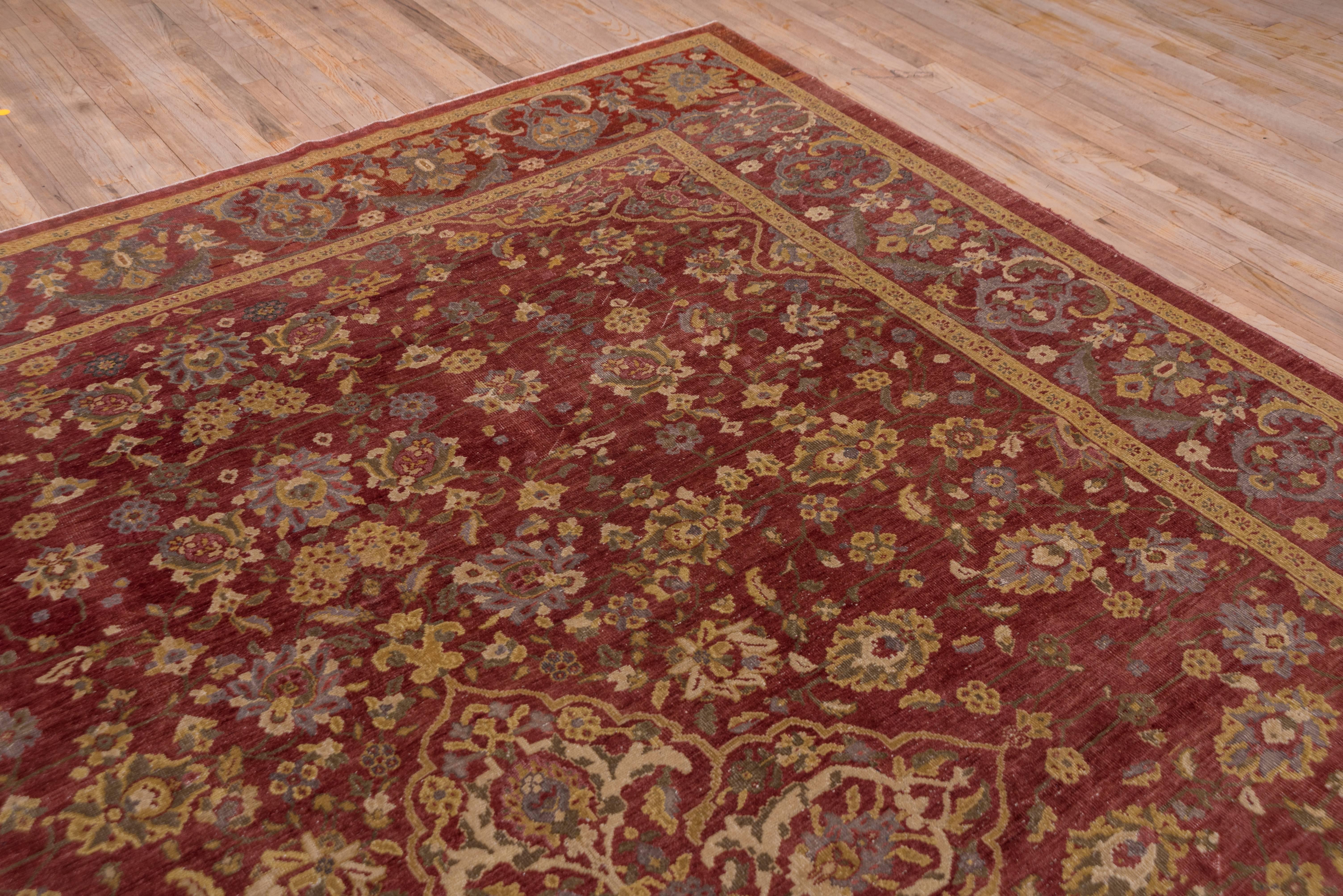 Hand-Knotted Antique Mahal Carpet, Circa 1920s, Red Field