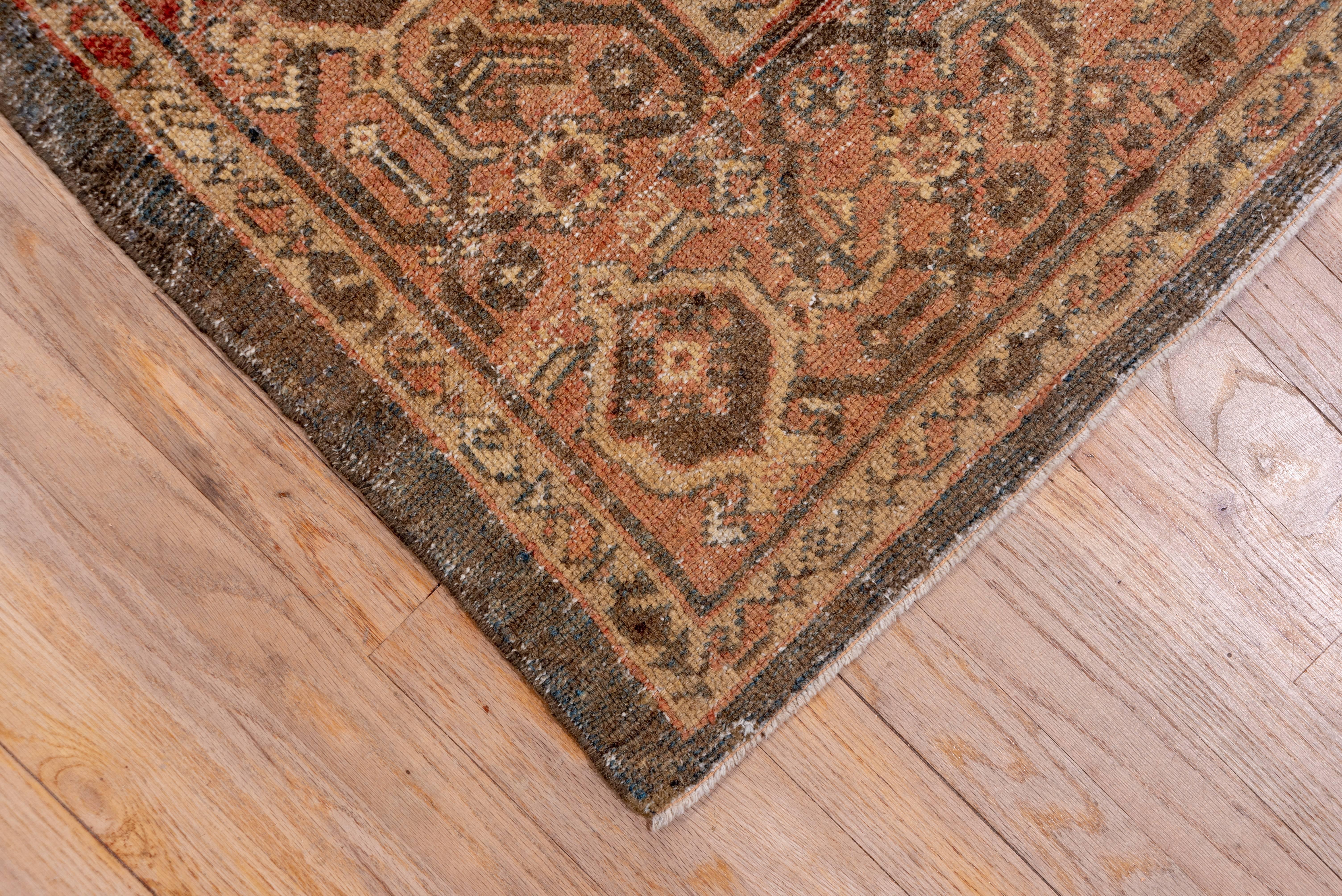 This west Persian rustic carpet has a stepped brick sub field adorned with rosettes anchoring spiraling vines and triple flowers, all on an old ivory ground with Herati corners. The caramel border features geometric turtle palmettes facing in and