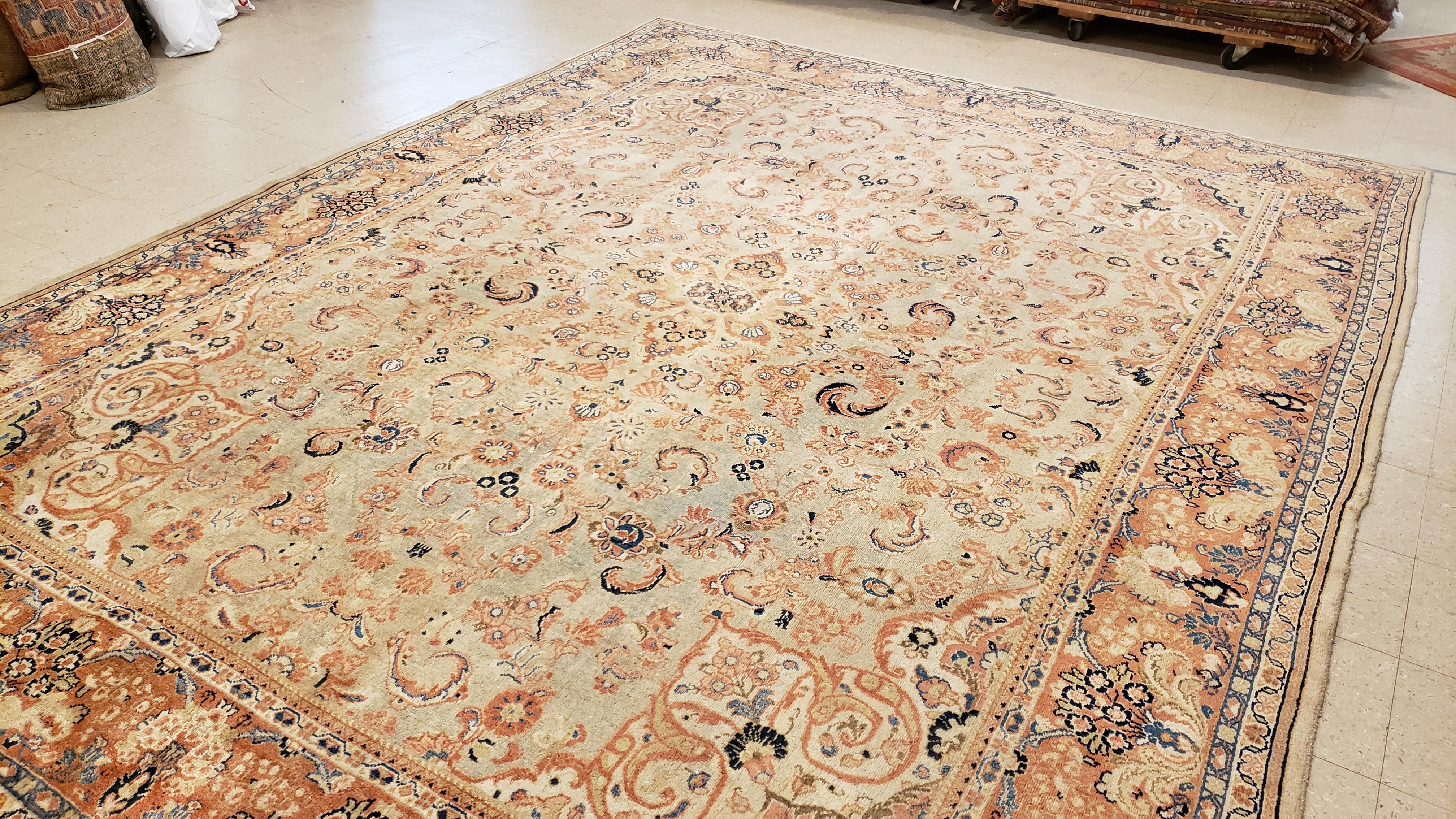 20th Century Antique Mahal Rug, Handmade Oriental Rug, Pale Green, Rust and Navy Blue For Sale