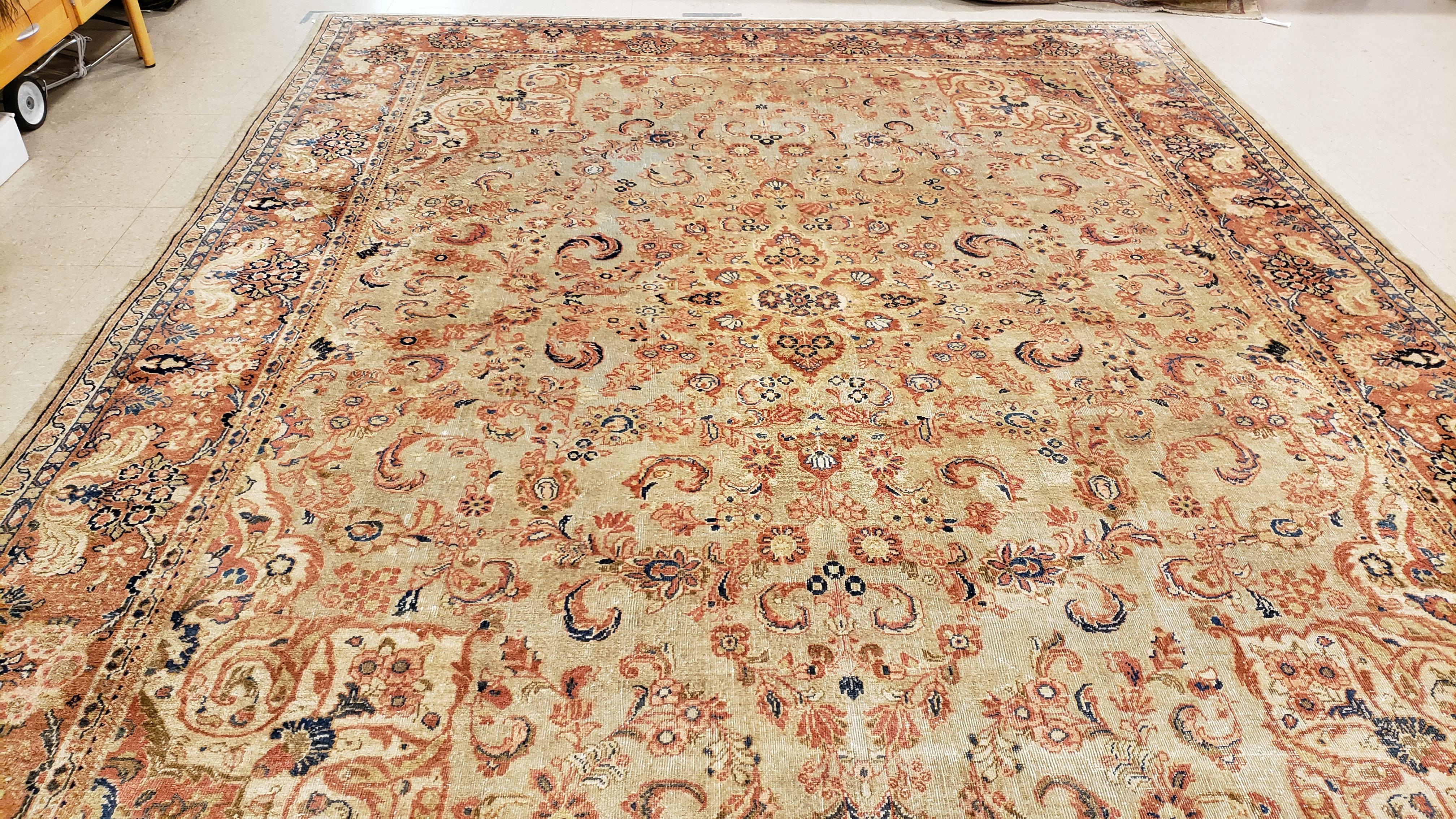 Antique Mahal Rug, Handmade Oriental Rug, Pale Green, Rust and Navy Blue For Sale 1