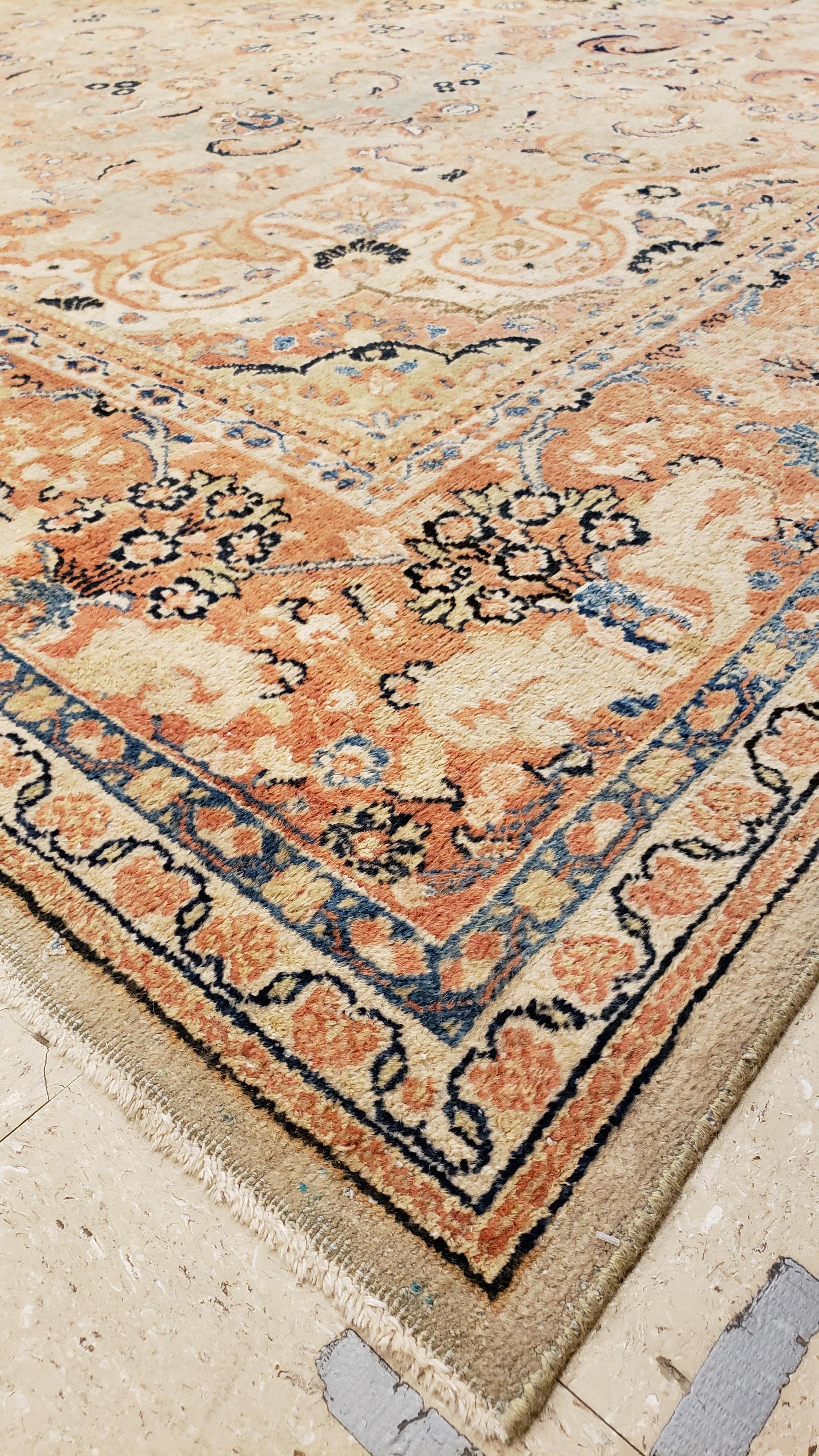 Hand-Knotted Antique Mahal Rug, Handmade Oriental Rug, Pale Green, Rust and Navy Blue For Sale