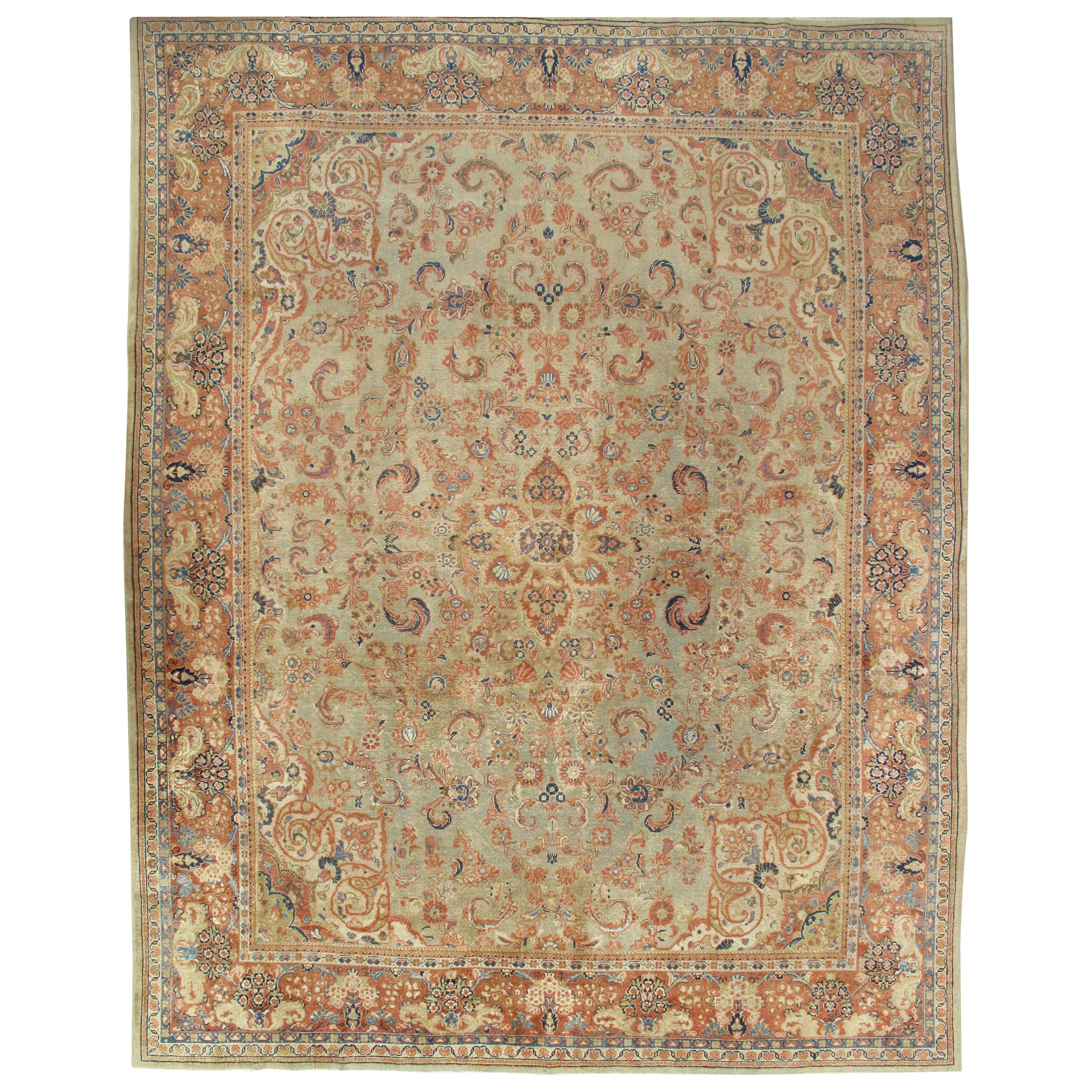 Antique Mahal Rug, Handmade Oriental Rug, Pale Green, Rust and Navy Blue For Sale