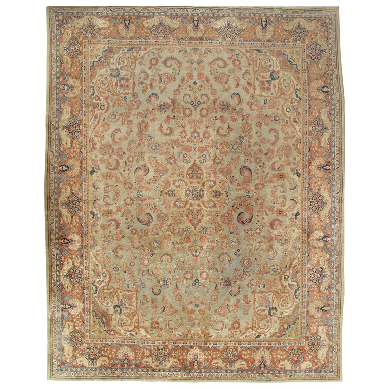 Antique Mahal Rug, Handmade Oriental Rug, Pale Green, Rust and Navy ...